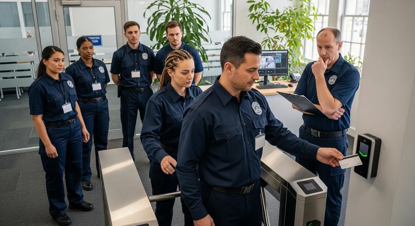 Team in a security training session practicing access control and tailgating awareness