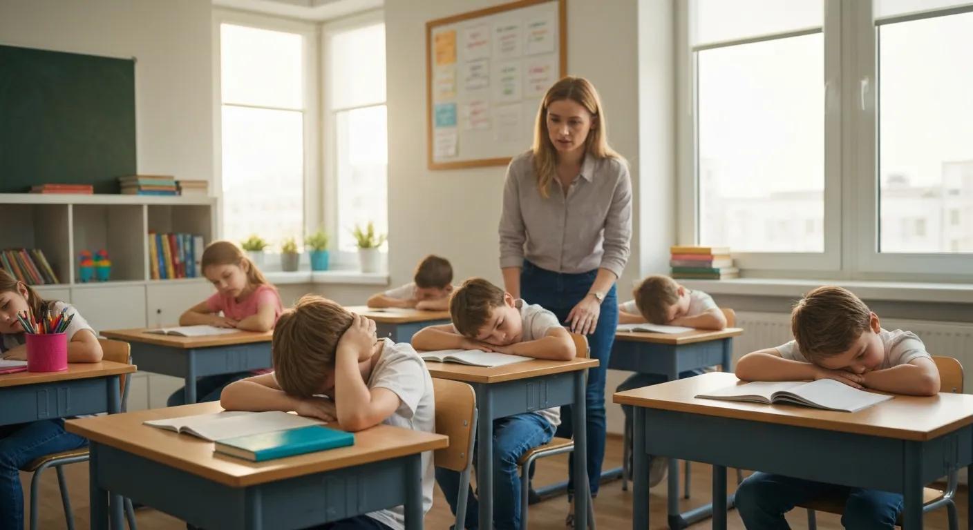 A realistic, modern classroom scene showing tired elementary students sitting at their desks with drooping posture, low energy, or heads resting on their arms. Soft, natural light enters through windows, highlighting the contrast between the children’s exhaustion and the structured classroom environment. A concerned teacher stands nearby, noticing the fatigue. Include subtle learning materials, books, and school supplies in the background. The overall mood should convey long school-day fatigue rather than misbehavior — warm, authentic, and emotionally relatable.
