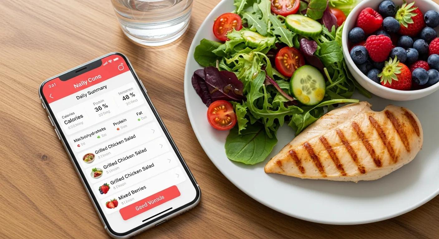 Smartphone showing a nutrition app beside a healthy meal to illustrate diet management tools