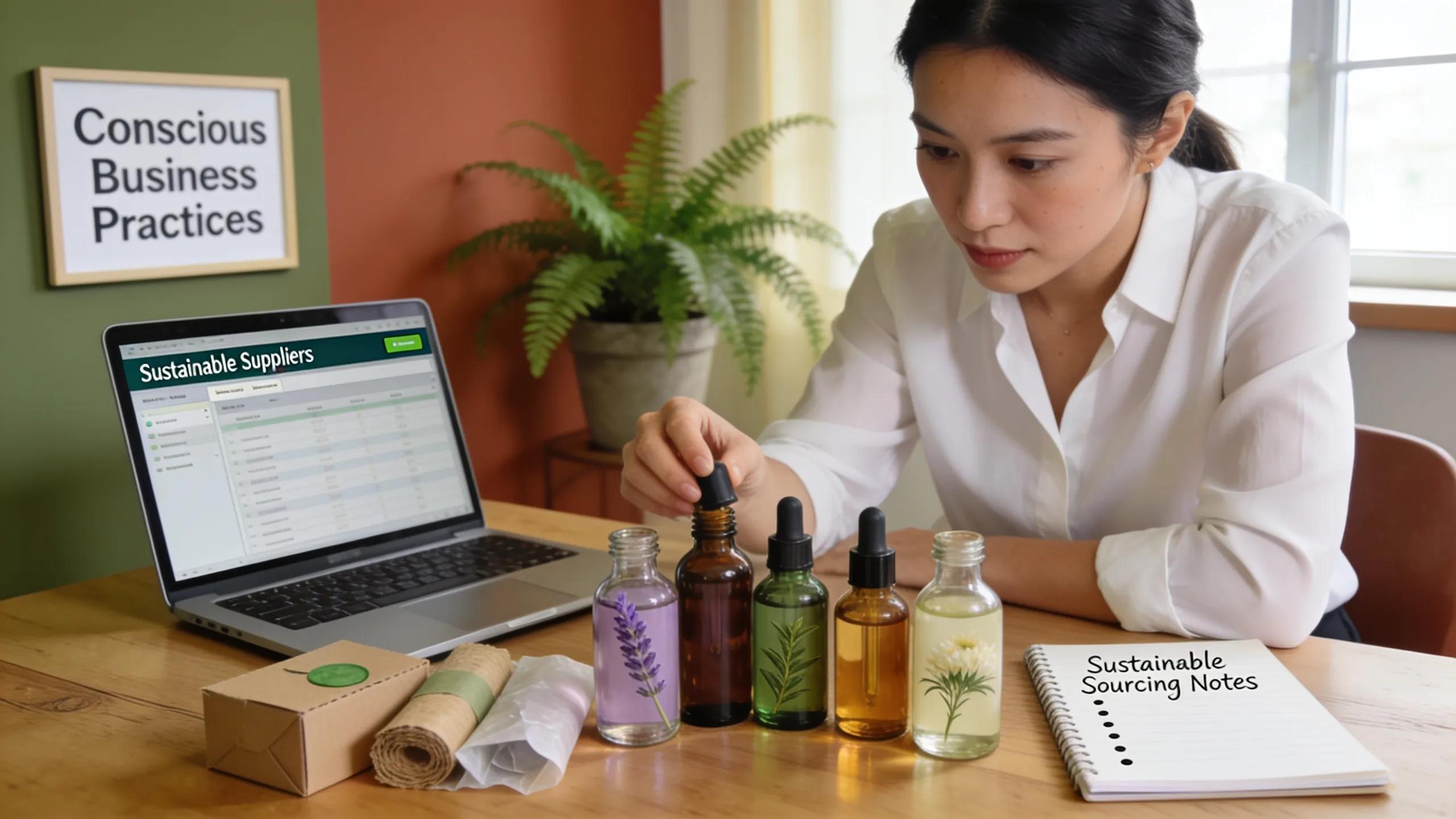 A professional evaluating different Australian native essential oils in a sustainable workspace