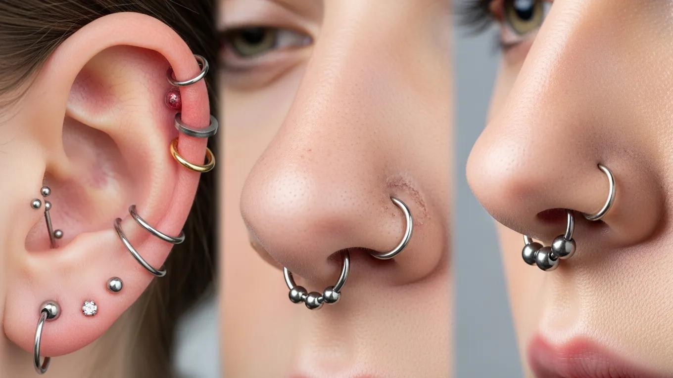 Various body piercings including ear, nose, and navel showcasing different healing times