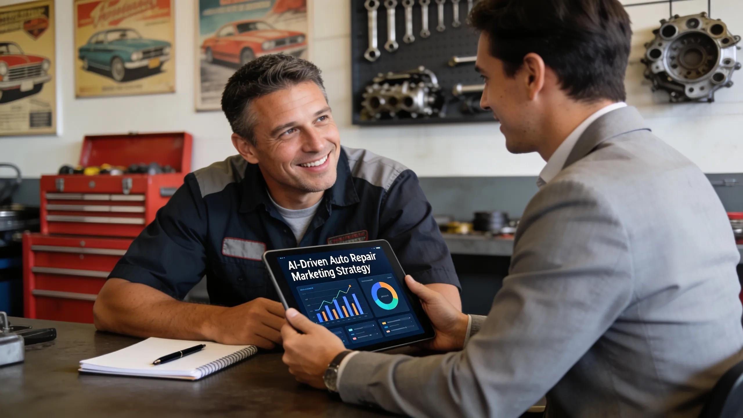 Repair shop owner consulting with an AI marketing expert in an automotive-themed office