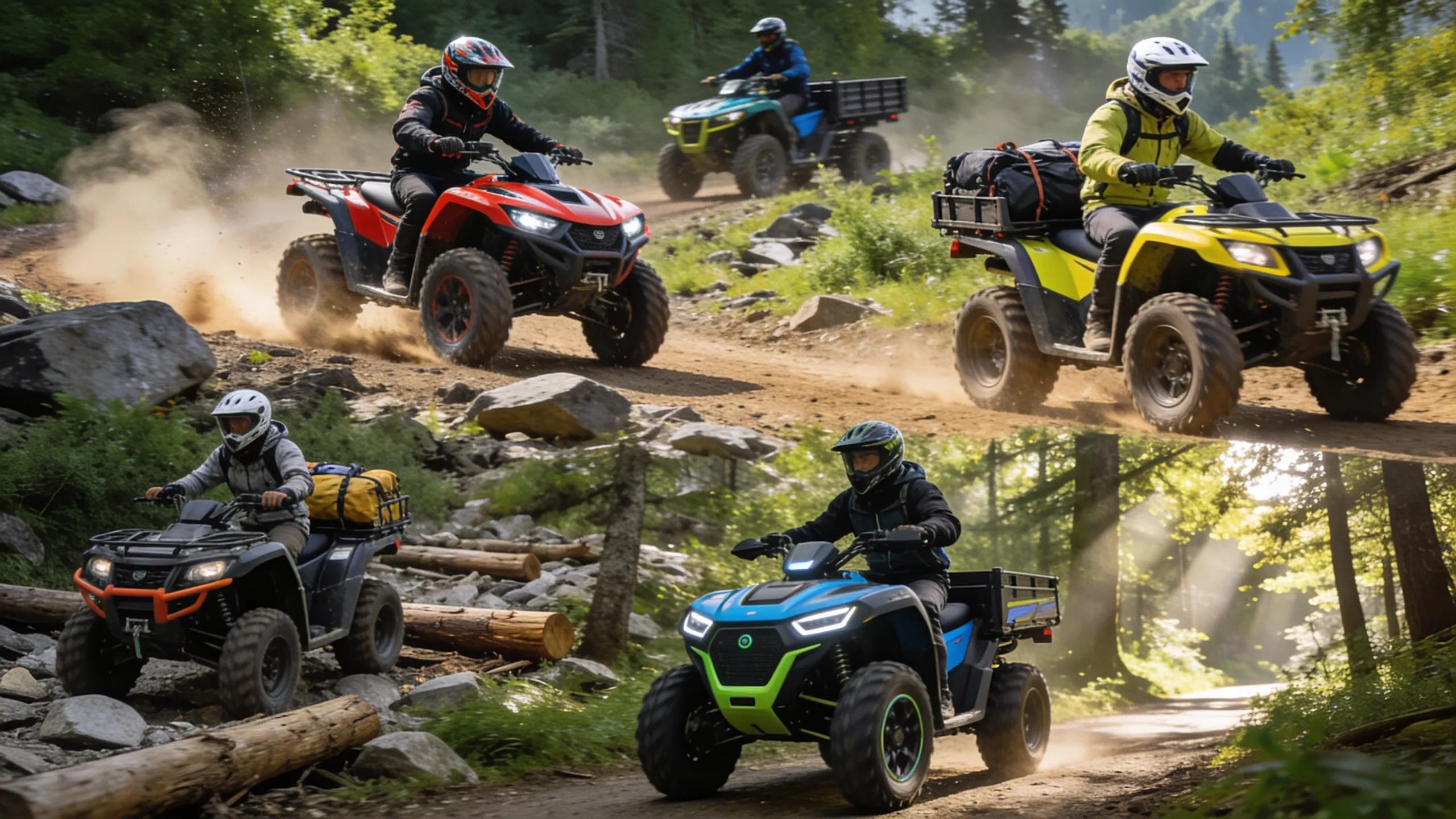 Diverse group of riders enjoying various ATVs in a natural landscape showcasing adventure, freedom, and outdoor fun