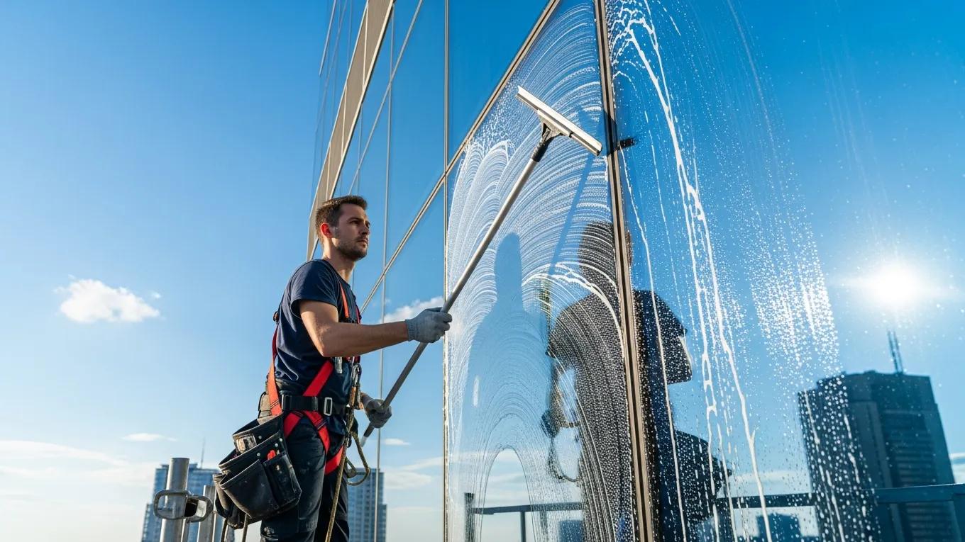 Professional window cleaner using a squeegee on a large window under a clear blue sky