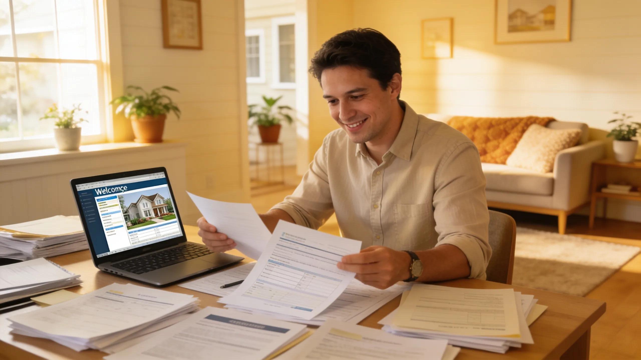 Landlord reviewing tenant applications with documents and laptop on a desk