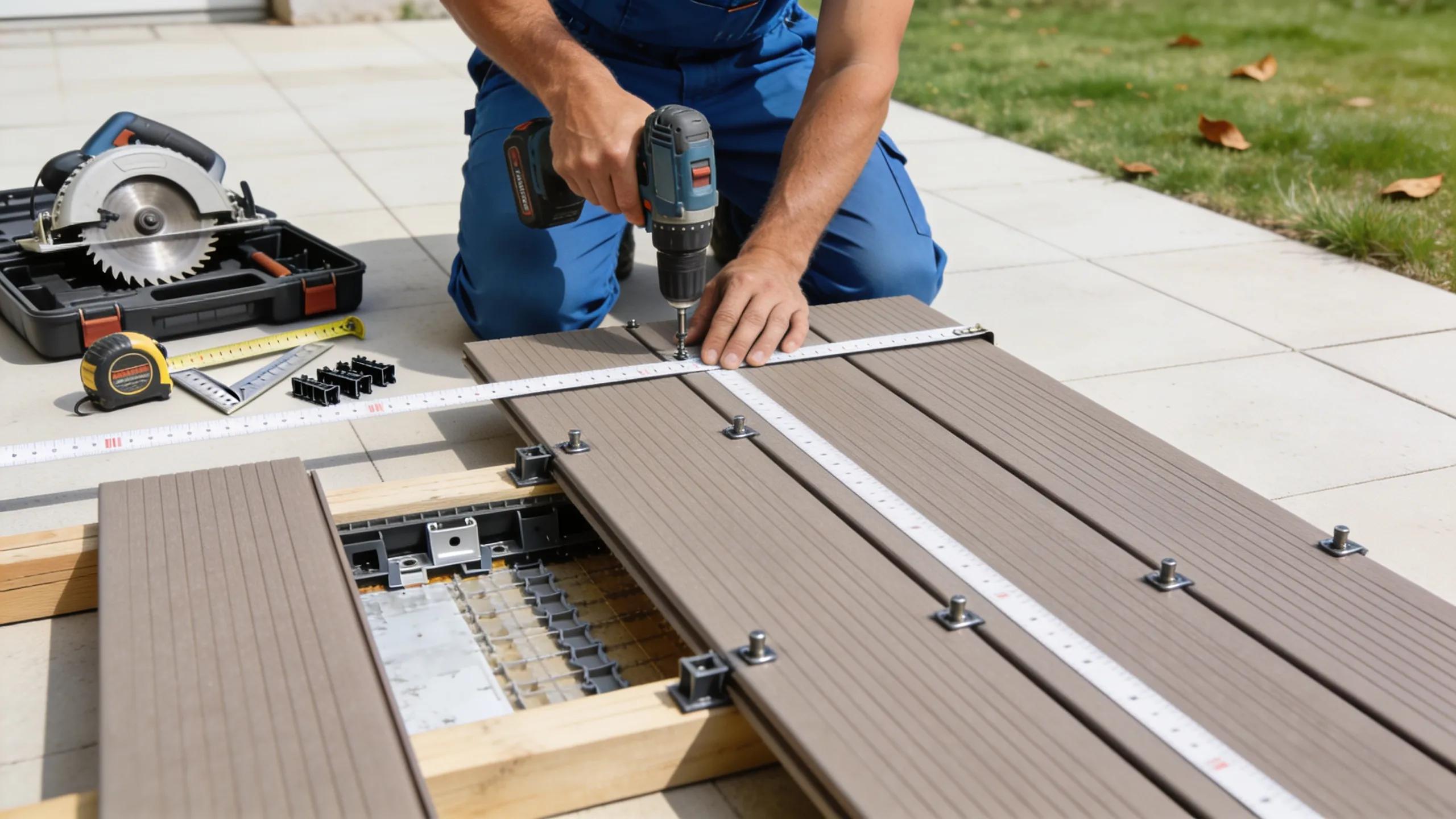 A professional installing composite decking with tools visible, demonstrating best practices and installation tips.