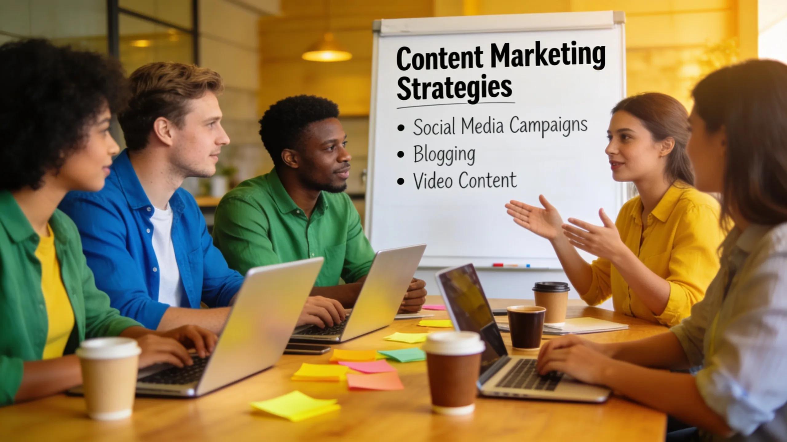 Small business team brainstorming content marketing strategies in a creative atmosphere Small business team brainstorming content marketing strategies in a creative atmosphere