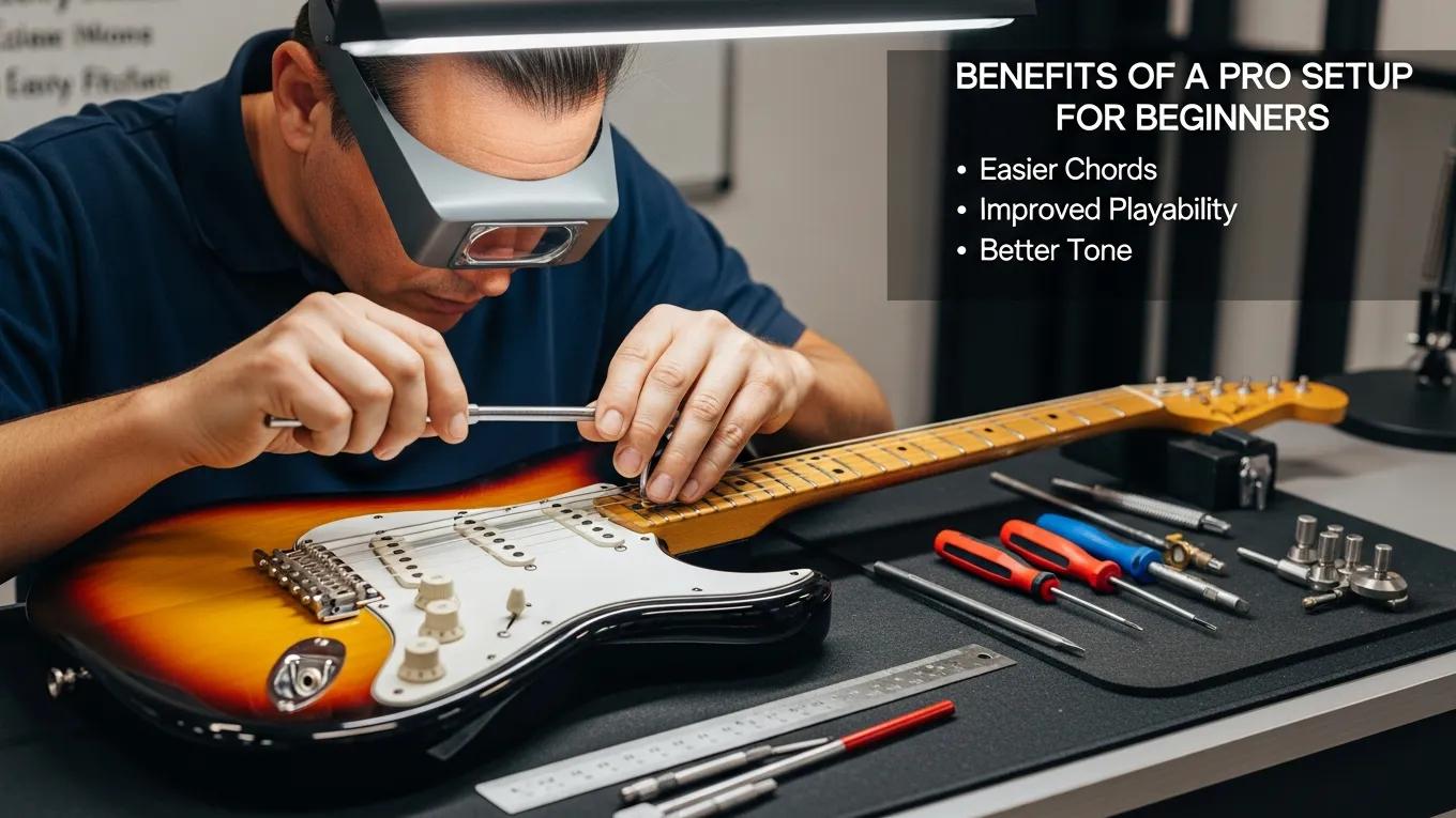 Guitar technician fine-tuning an electric guitar to improve playability