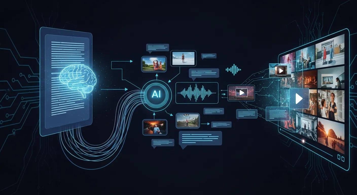 Graphic showing an AI interpreting a script and assembling visuals, audio, and captions into a finished video Graphic showing an AI interpreting a script and assembling visuals, audio, and captions into a finished video
