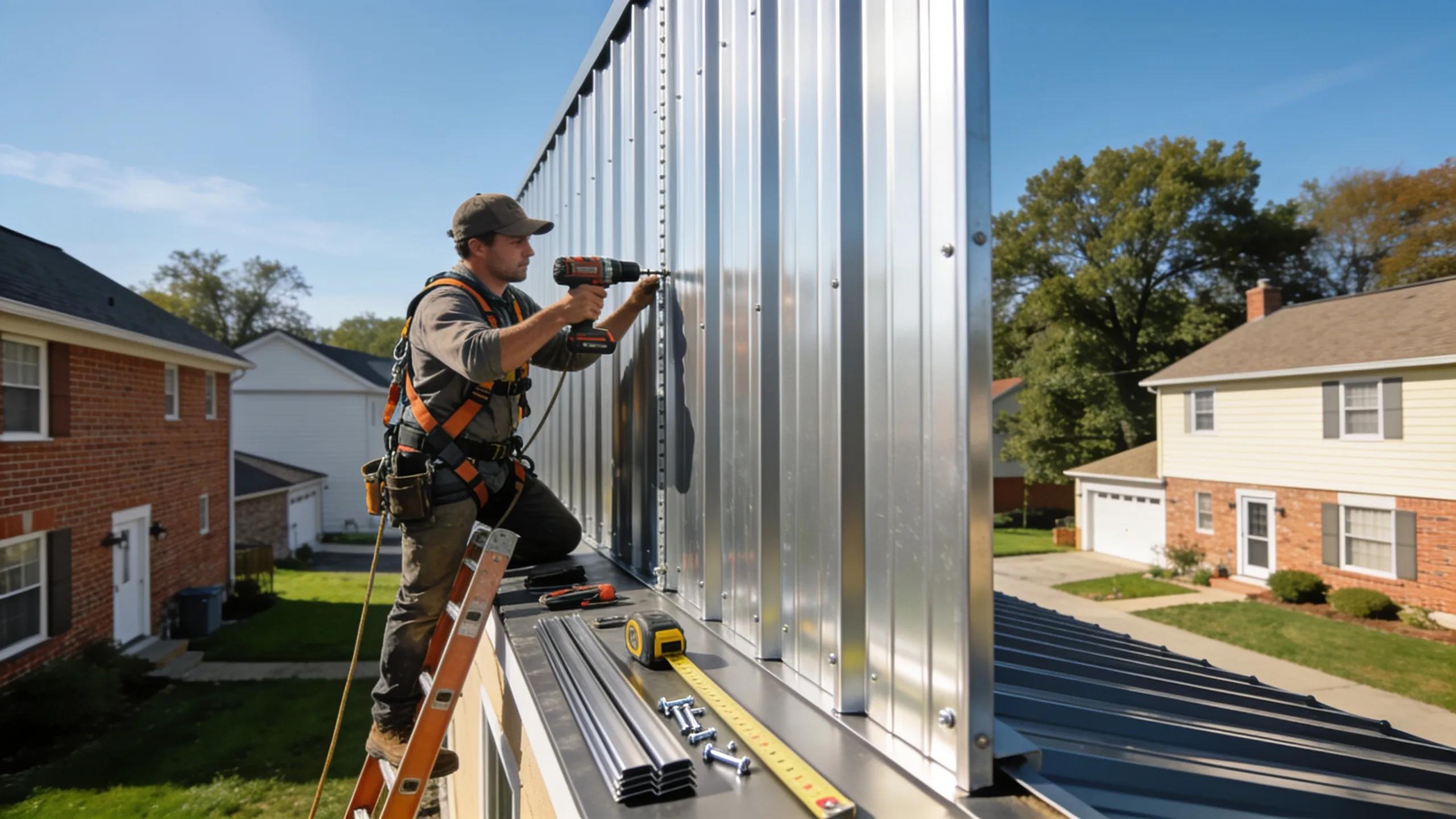 Contractor installing standing seam metal roofing showcasing installation techniques and materials used