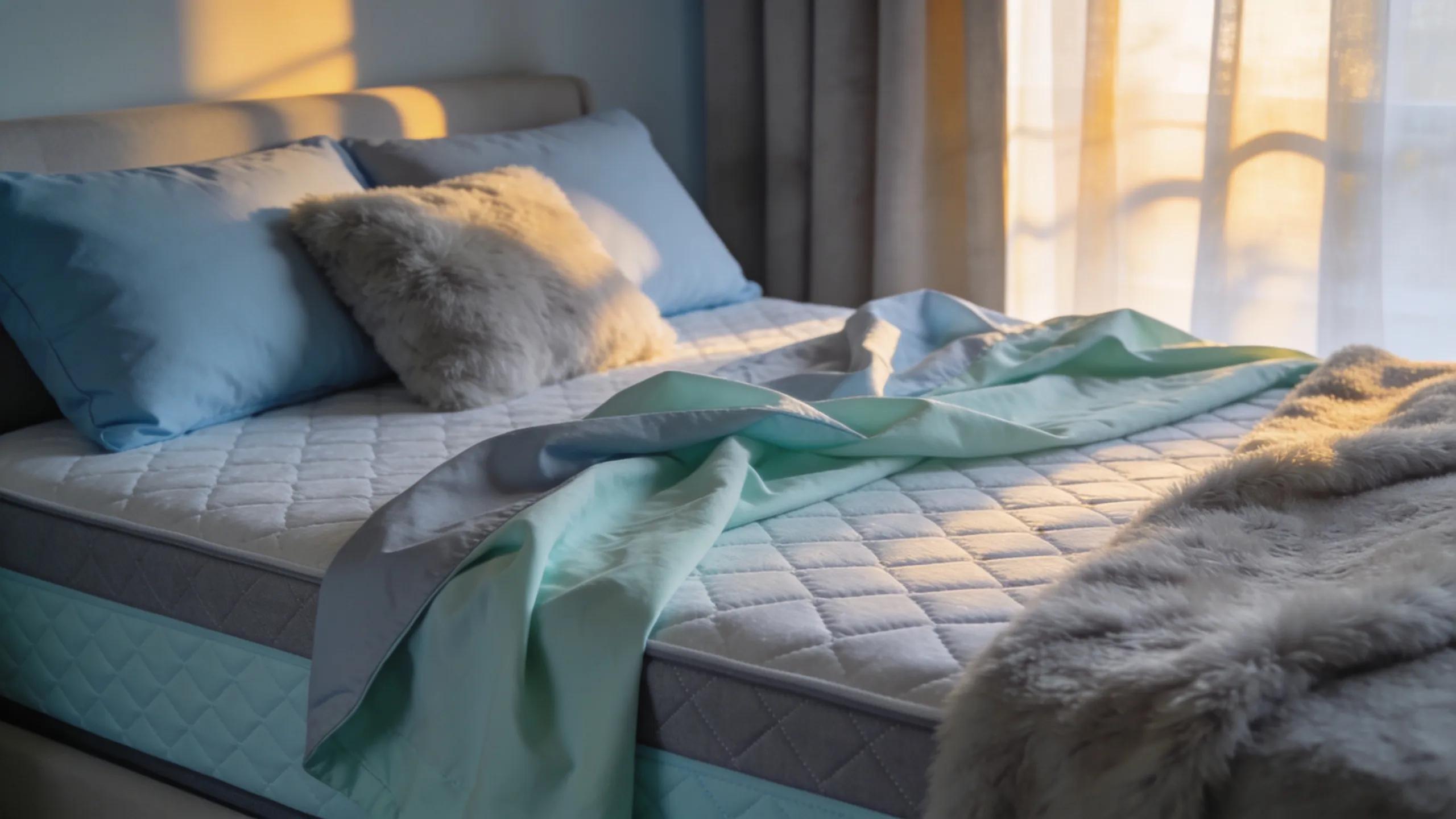 Cooling mattress topper and sheets on a cozy bed for hot sleepers