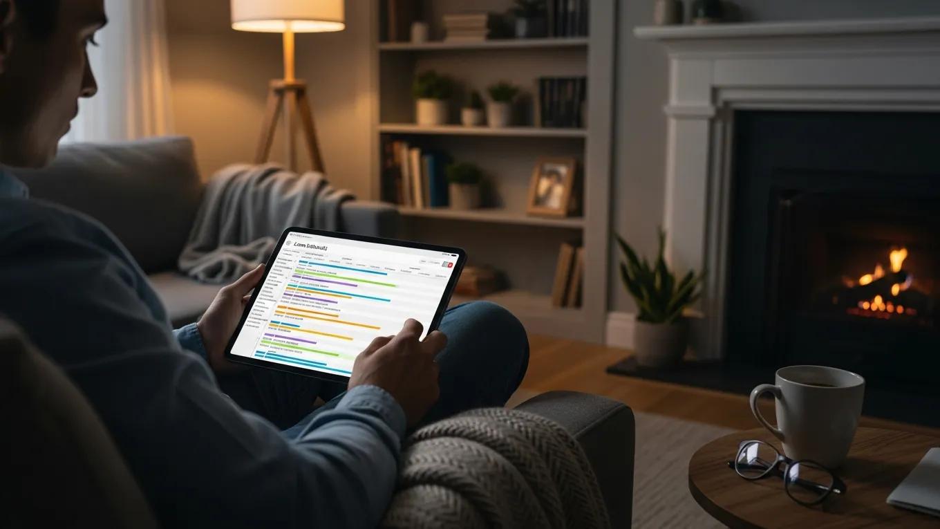 Person reviewing loan default timelines on a tablet in a cozy living room