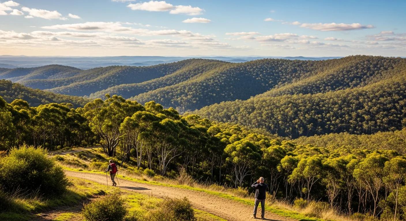 Scenic Strathbogie Ranges with hikers on a trail — a local attraction near Euroa