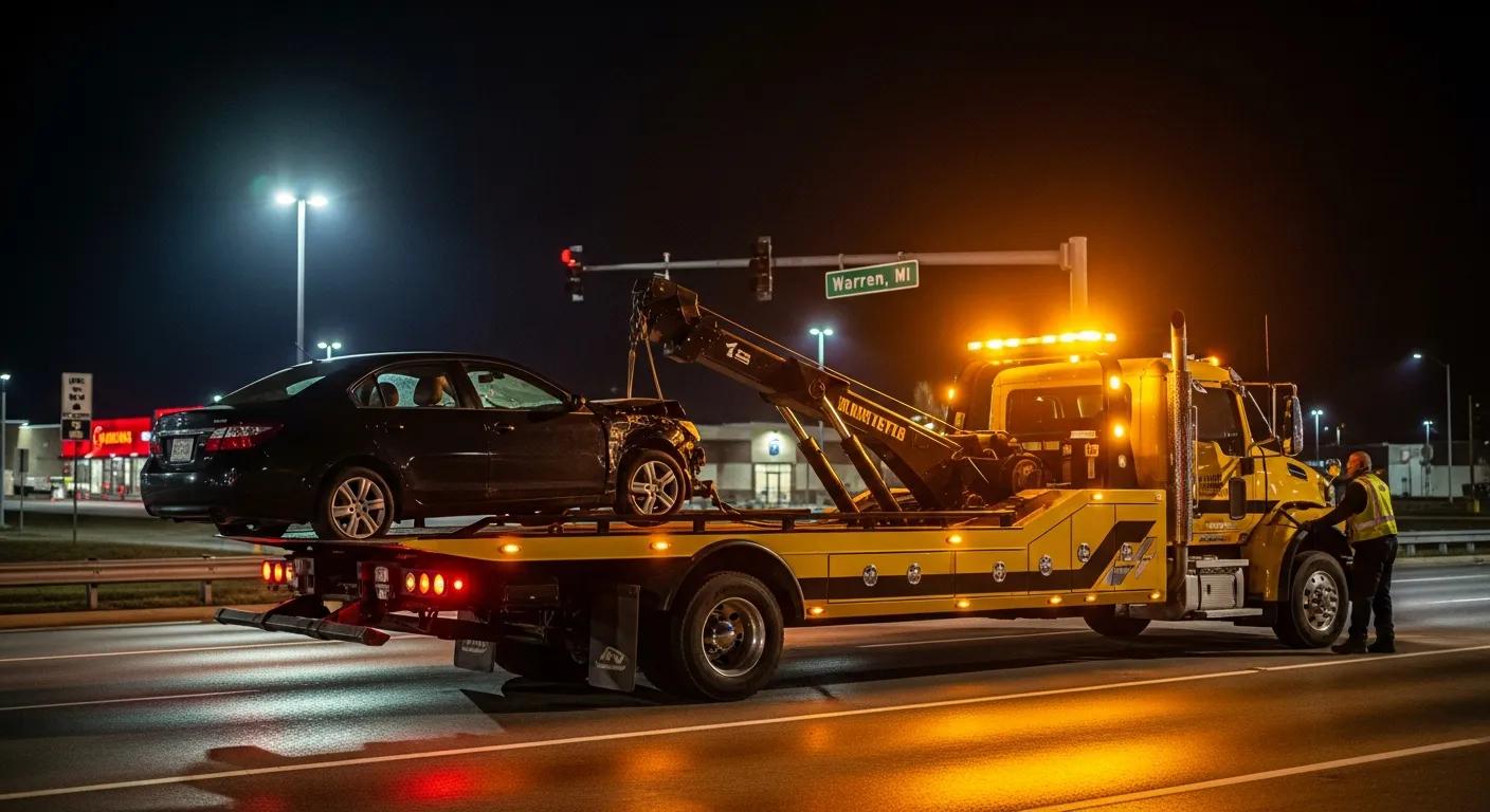 Tow truck performing emergency towing service in Warren, MI