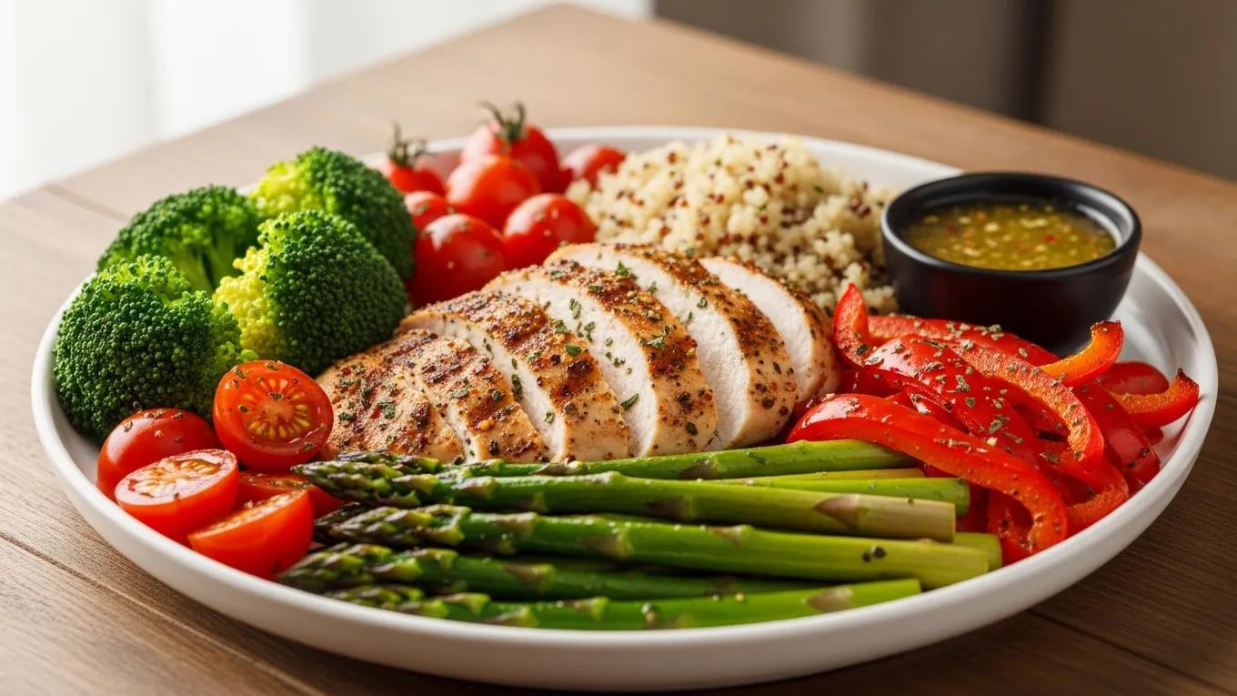 Balanced meal for muscle gain featuring proteins, grains, and vegetables