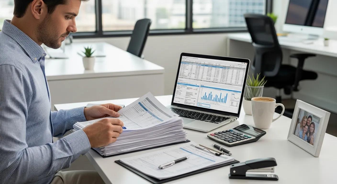 Mortgage note underwriter analyzing documents at a desk with financial tools Mortgage note underwriter analyzing documents at a desk with financial tools