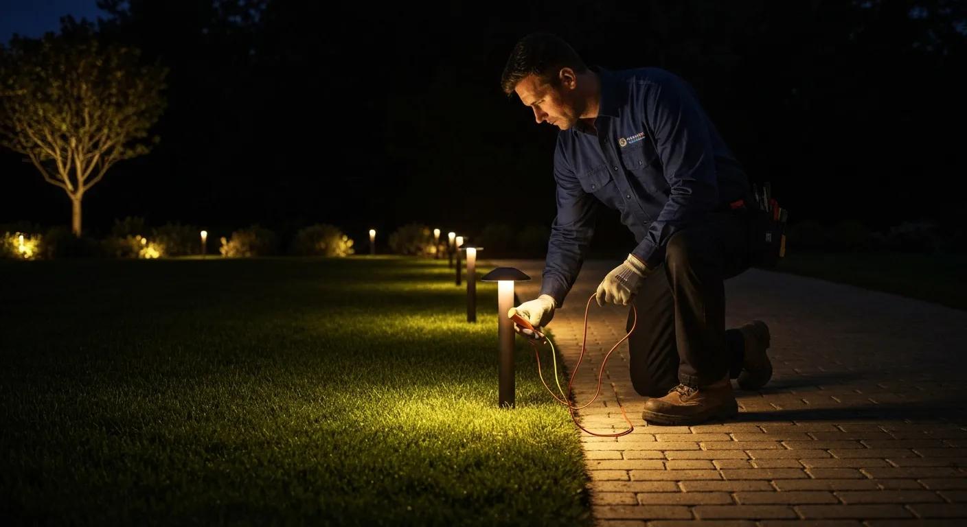 Technician testing landscape lighting system at night with a multimeter and illuminated fixtures