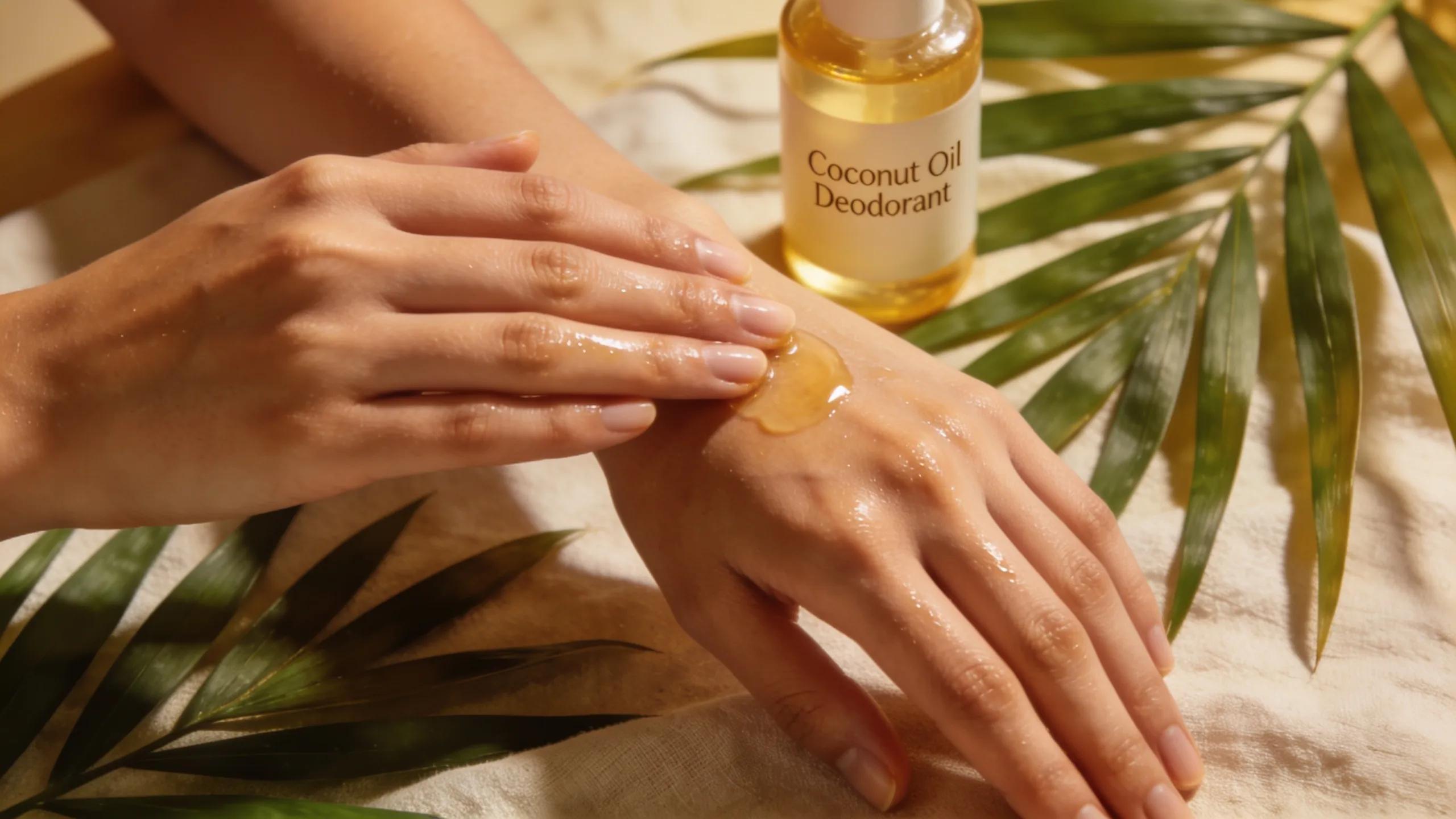Applying coconut oil to skin to enhance moisture and health benefits in natural deodorants