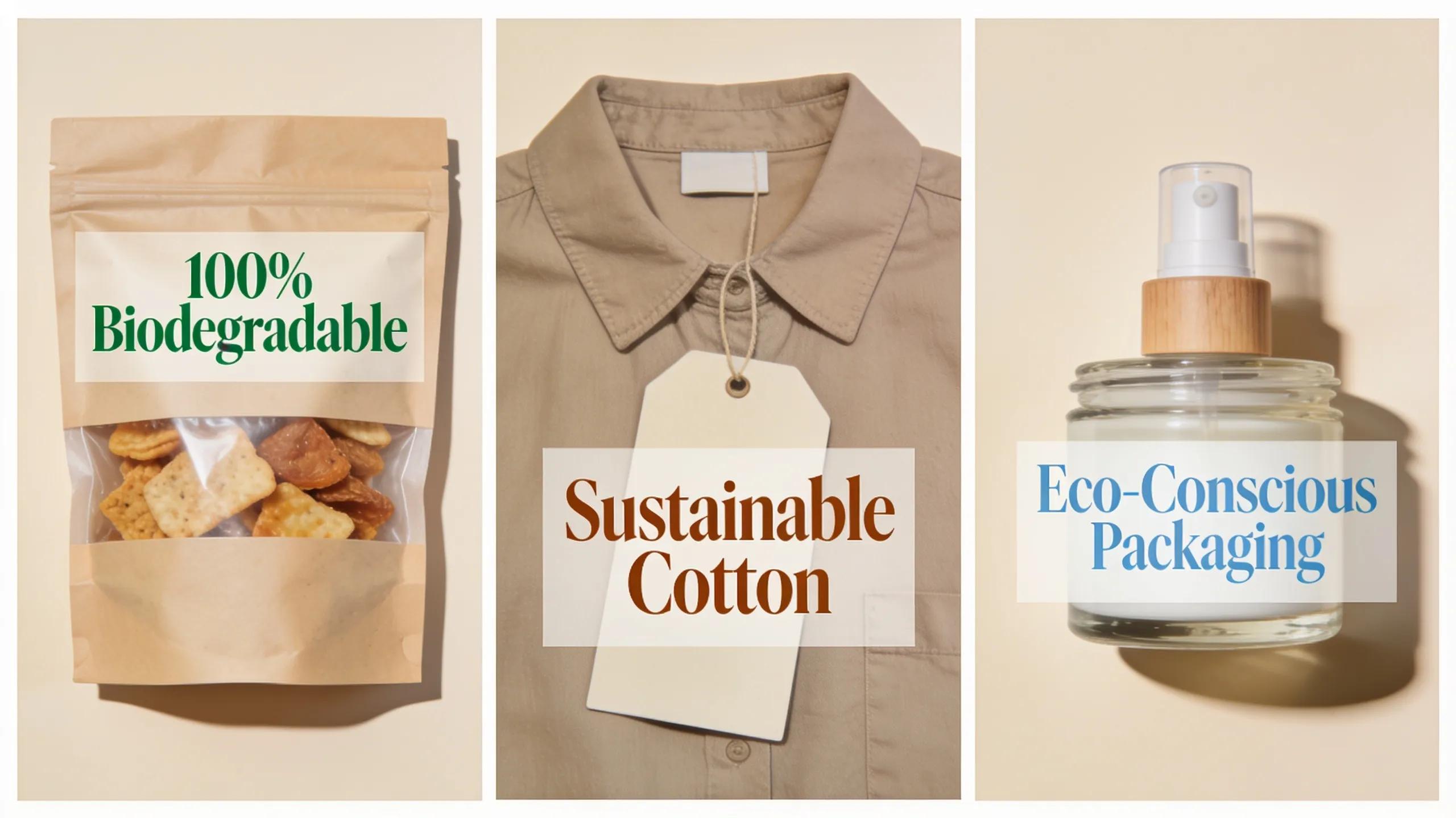 Collage of products from food, fashion, and cosmetics industries showcasing misleading eco-friendly claims