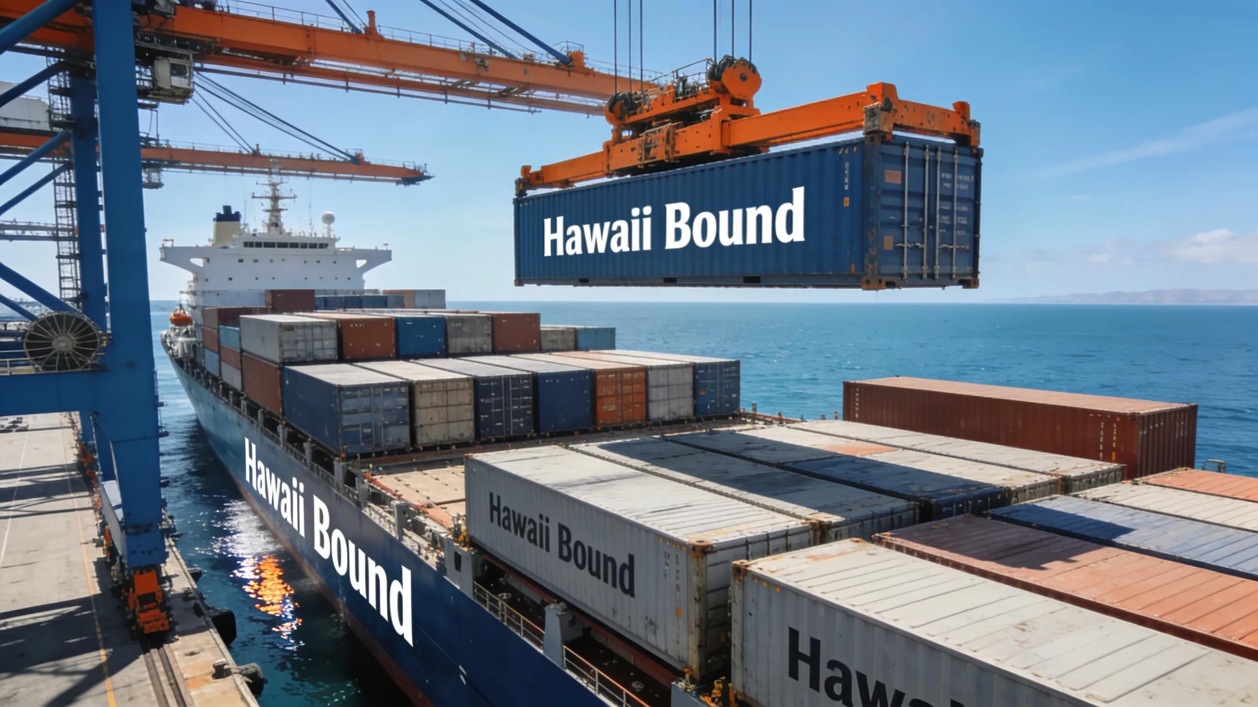 Cargo ship transporting goods to Hawaii, emphasizing the logistical challenges of moving to the islands