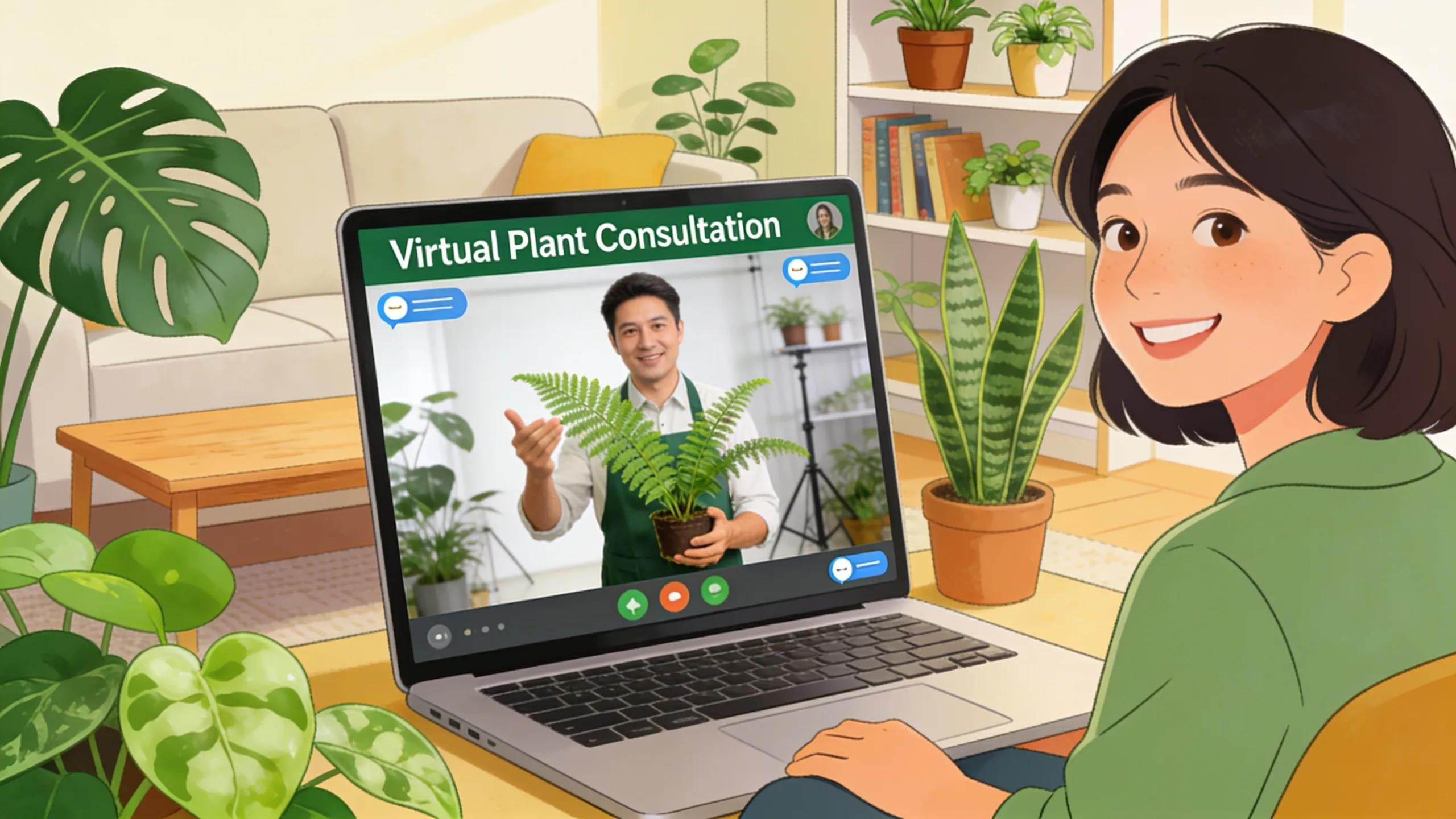 Virtual consultation scenario with an expert helping a customer choose indoor plants