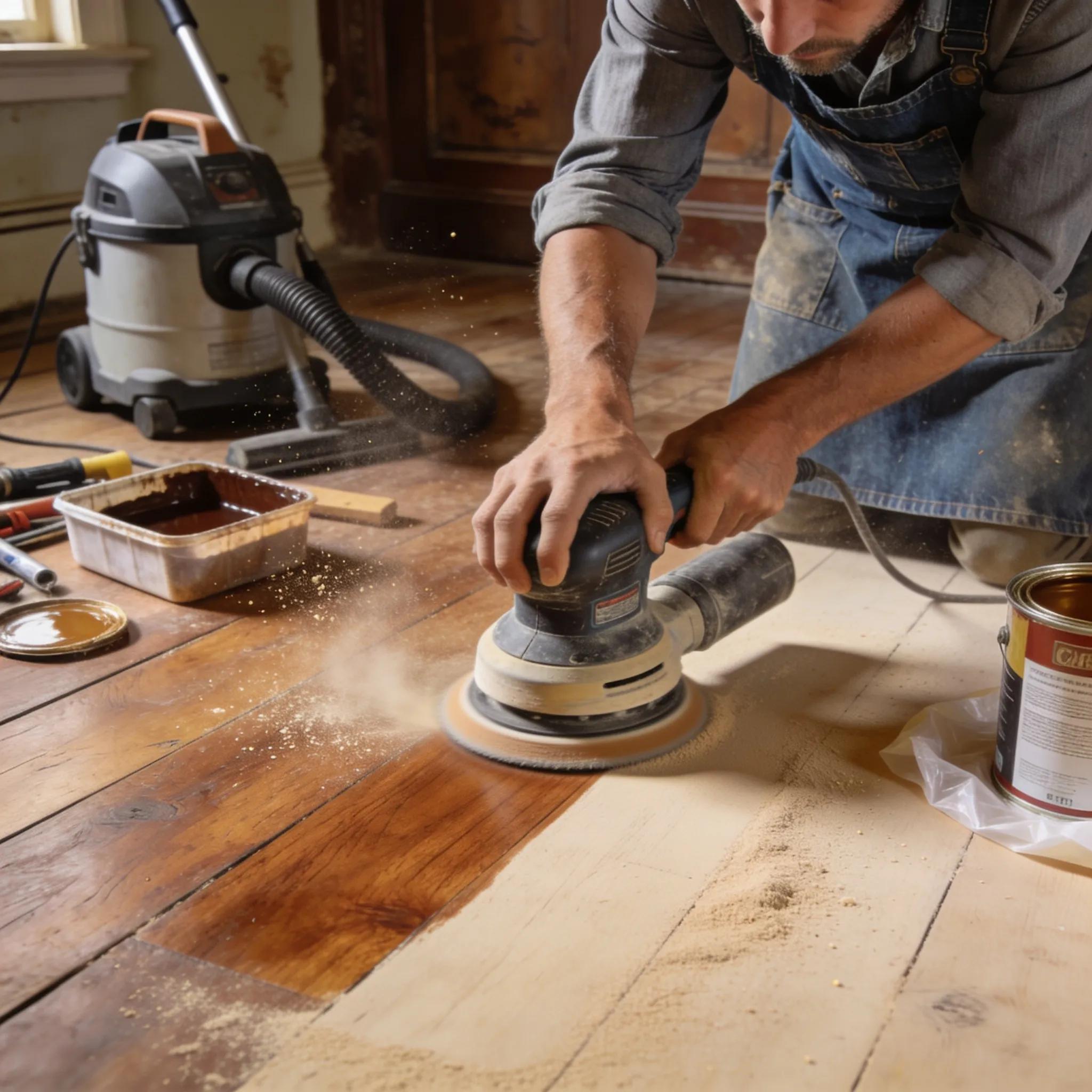 Craftsman refinishing an antique hardwood floor with sanding tools and stain