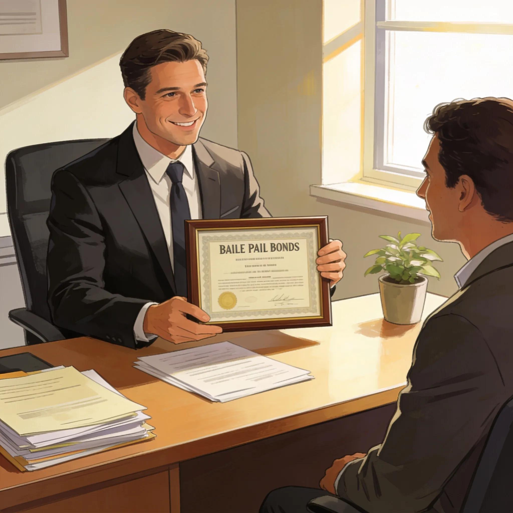 Licensed bail bondsman showing credentials to a client in a professional office setting Licensed bail bondsman showing credentials to a client in a professional office setting