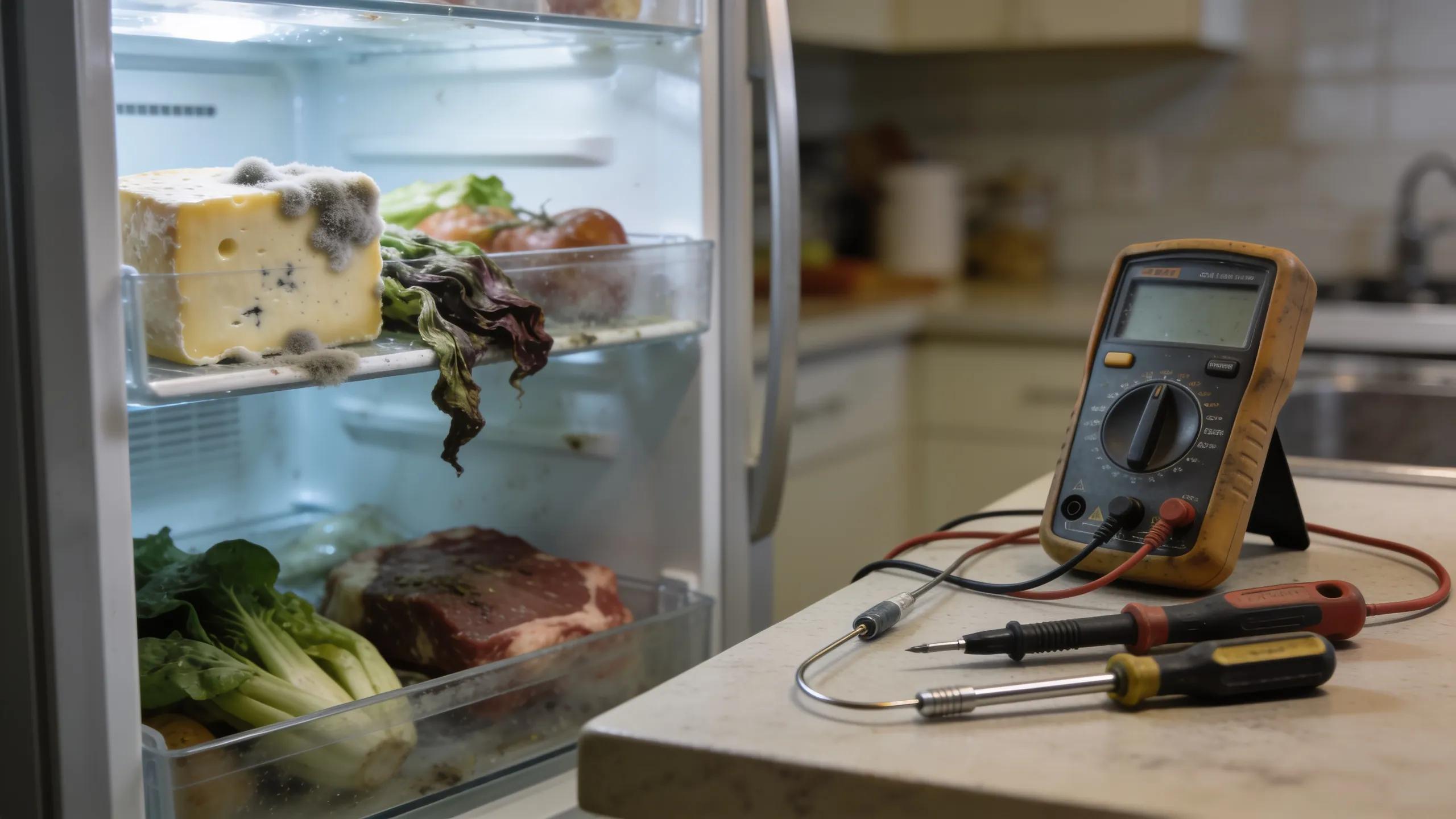 Refrigerator with spoiled food highlighting common cooling issues, emphasizing need for technician intervention