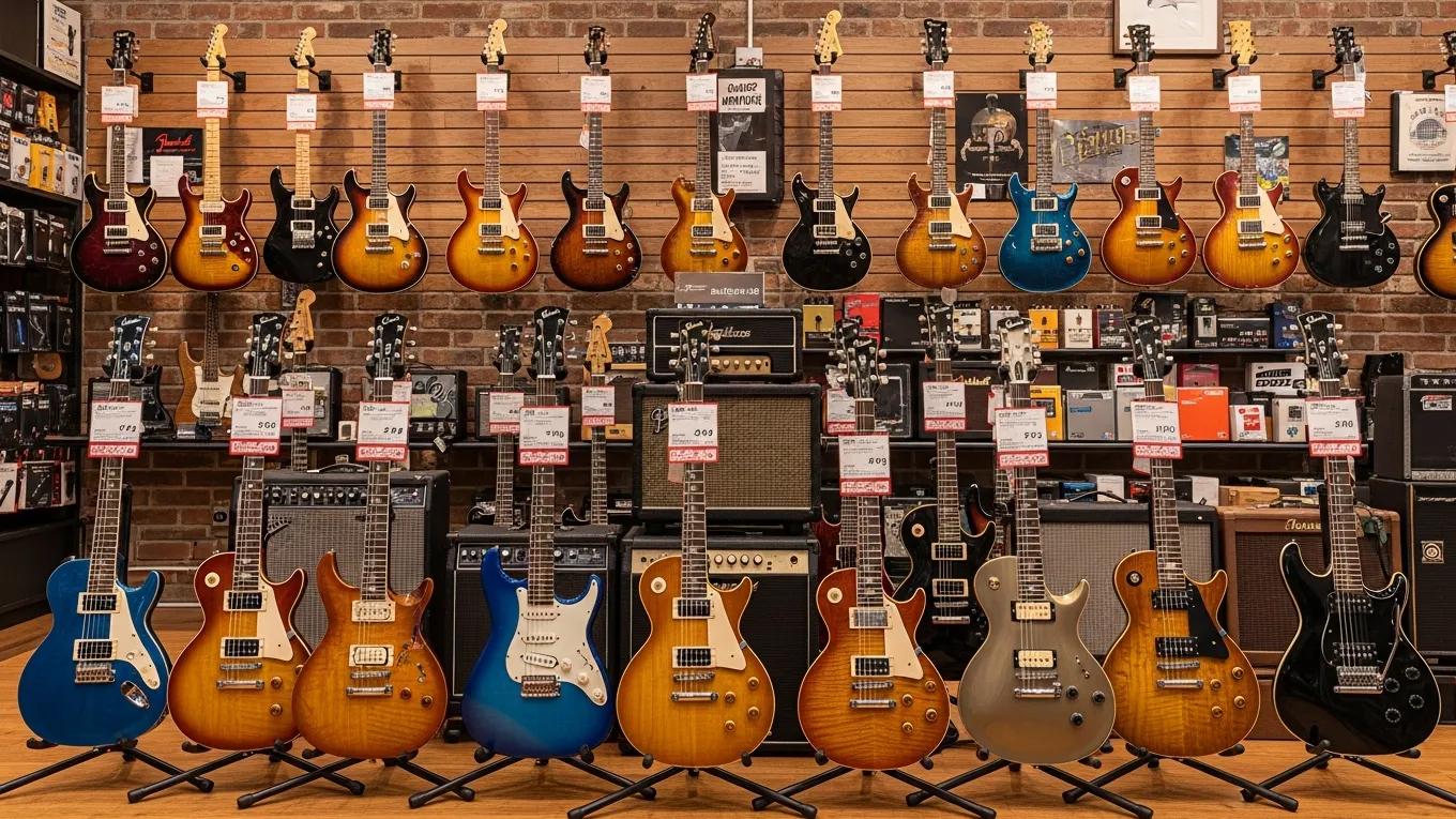 Diverse electric guitars in a music shop, representing various price tiers and brands