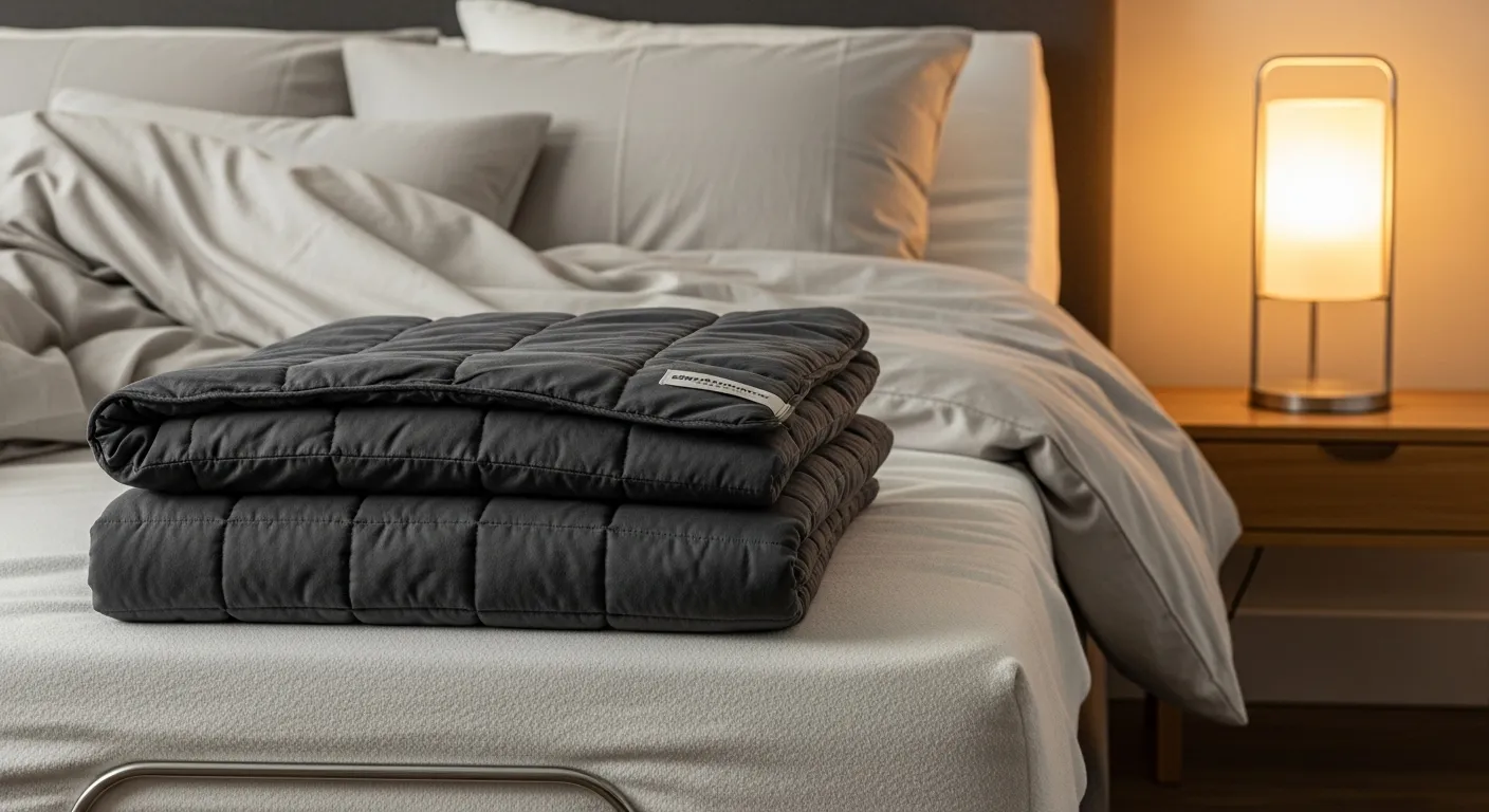 Weighted blanket on adjustable bed base with soft warm lighting for a relaxing sleep setup.