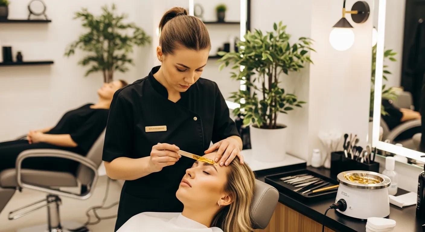 Beauty technician applying wax to eyebrows in a stylish salon