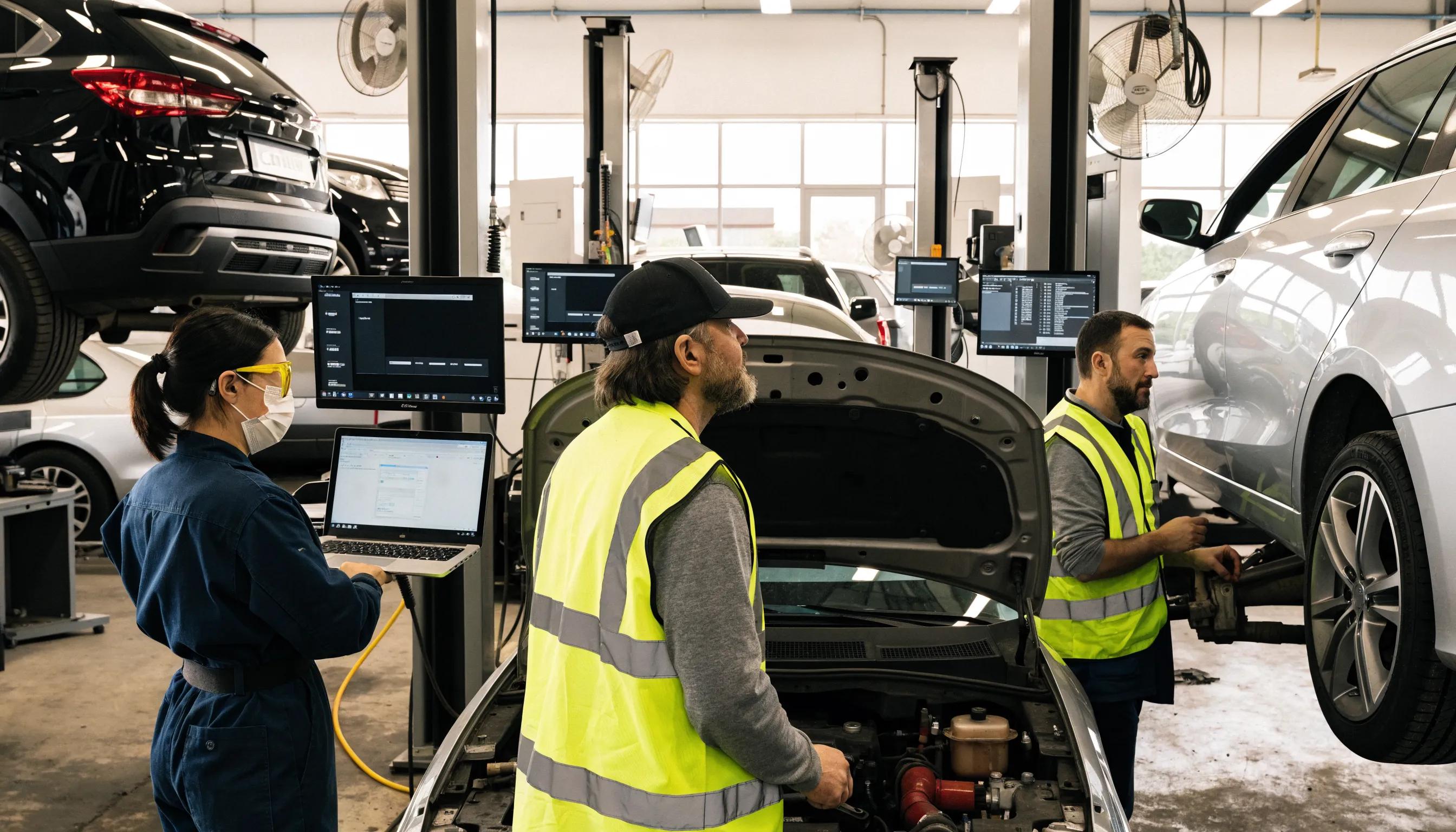 Interior view of an auto repair shop illustrating advanced technology and call tracking setup, emphasizing customer engagement