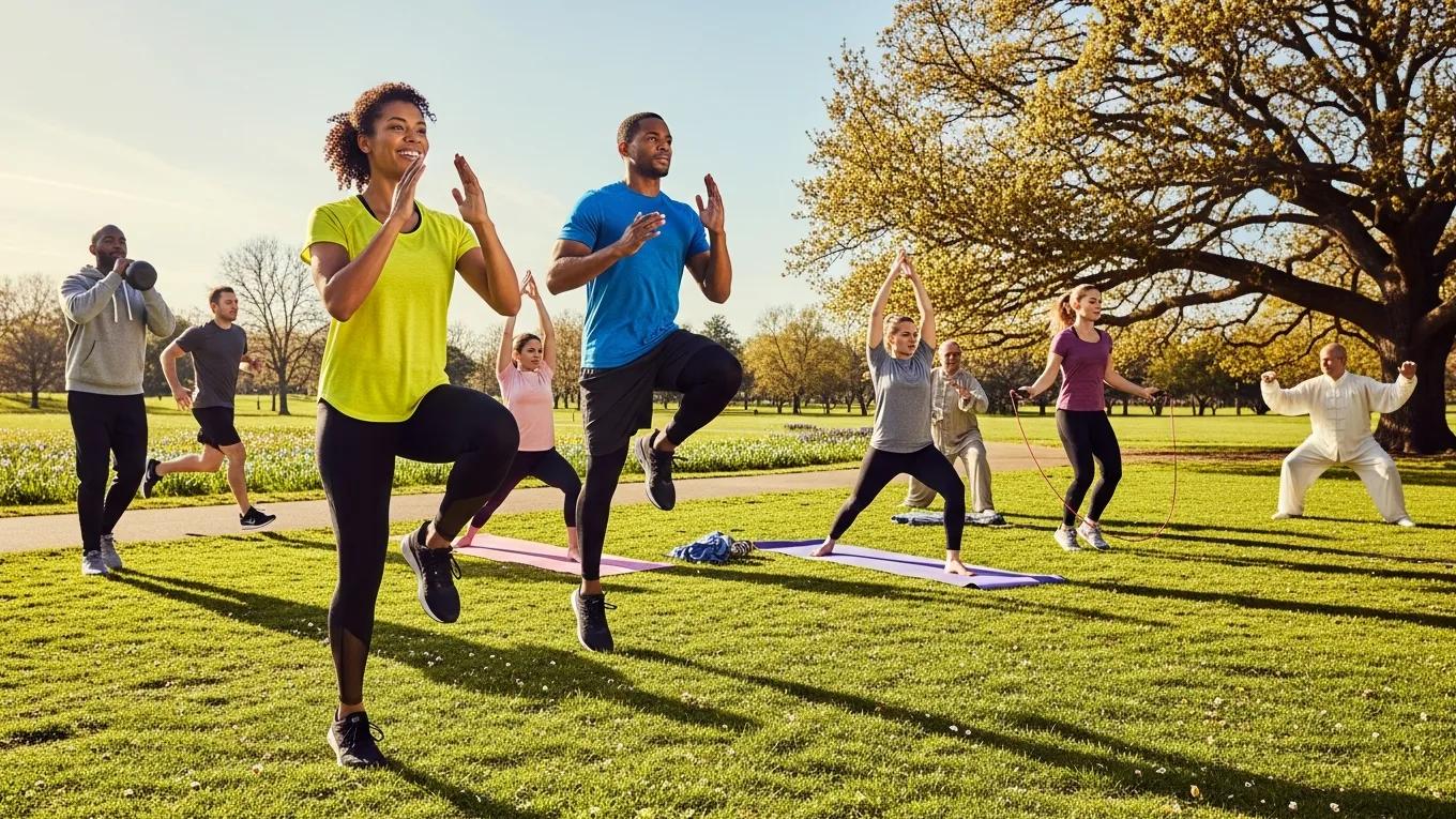 Group of people exercising outdoors, showcasing different types of workouts that boost energy