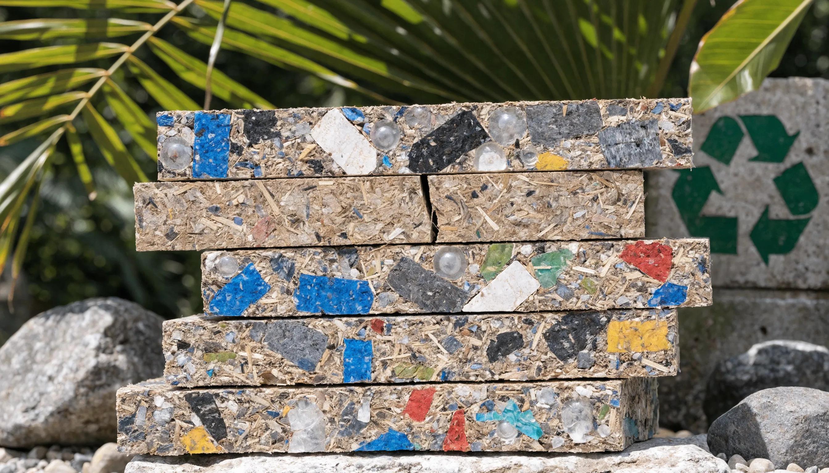 Close-up of composite materials highlighting recycled content and eco-friendly innovations.