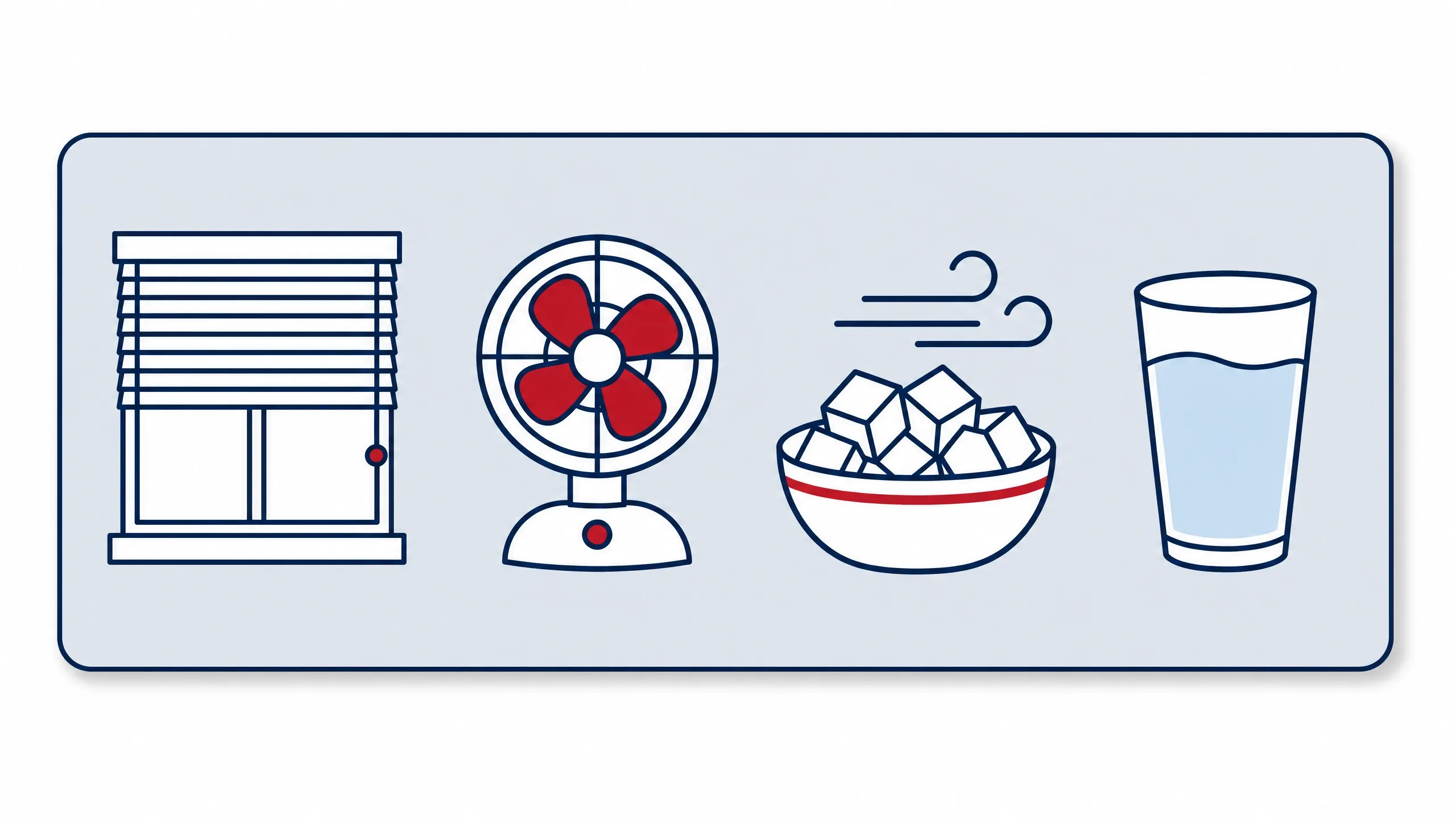 Icons for staying cool without AC: closed blinds, a fan, a bowl of ice and a glass of water