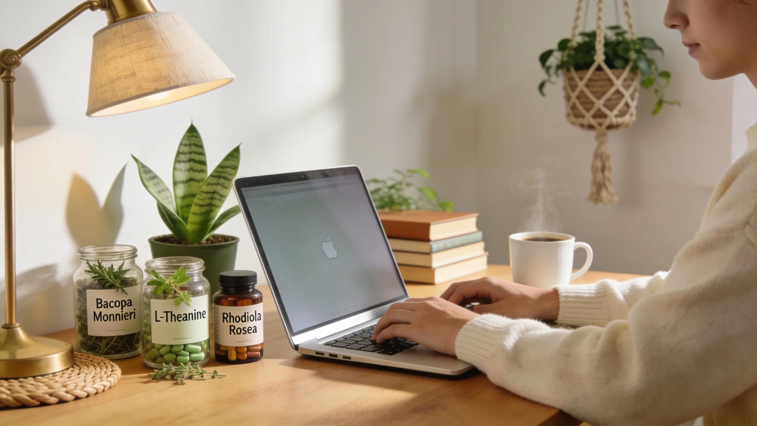 Remote worker focusing on laptop with natural supplements for enhancing productivity
