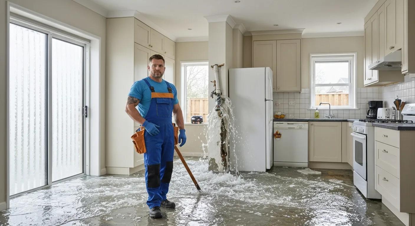 Plumber addressing a burst pipe emergency in a home, emphasizing the urgency of plumbing services