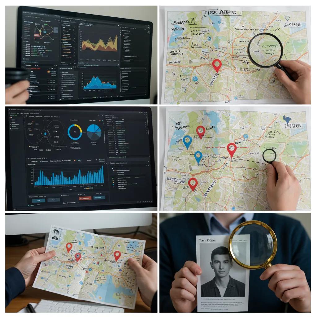 A collage illustrating diverse investigative techniques, including digital analysis and local mapping, essential for effective people tracing