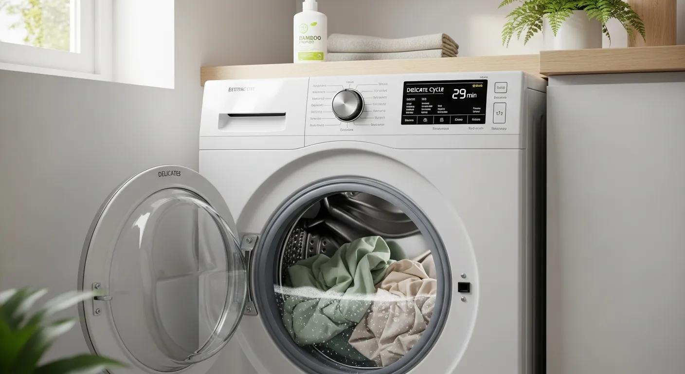 Washing machine gently cleaning bamboo sheets on a delicate cycle