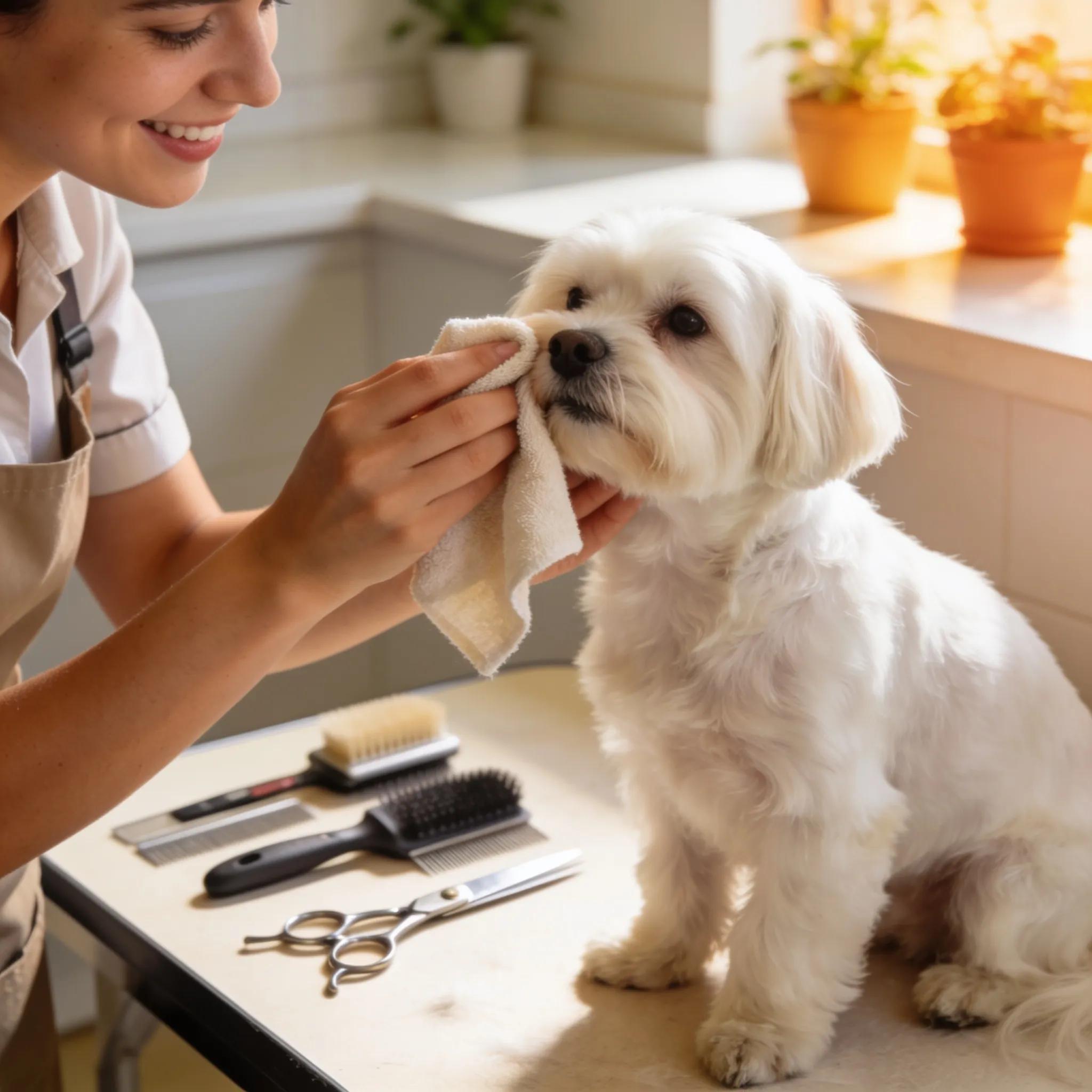 Groomer gently cleaning a Maltese’s face to prevent tear stains