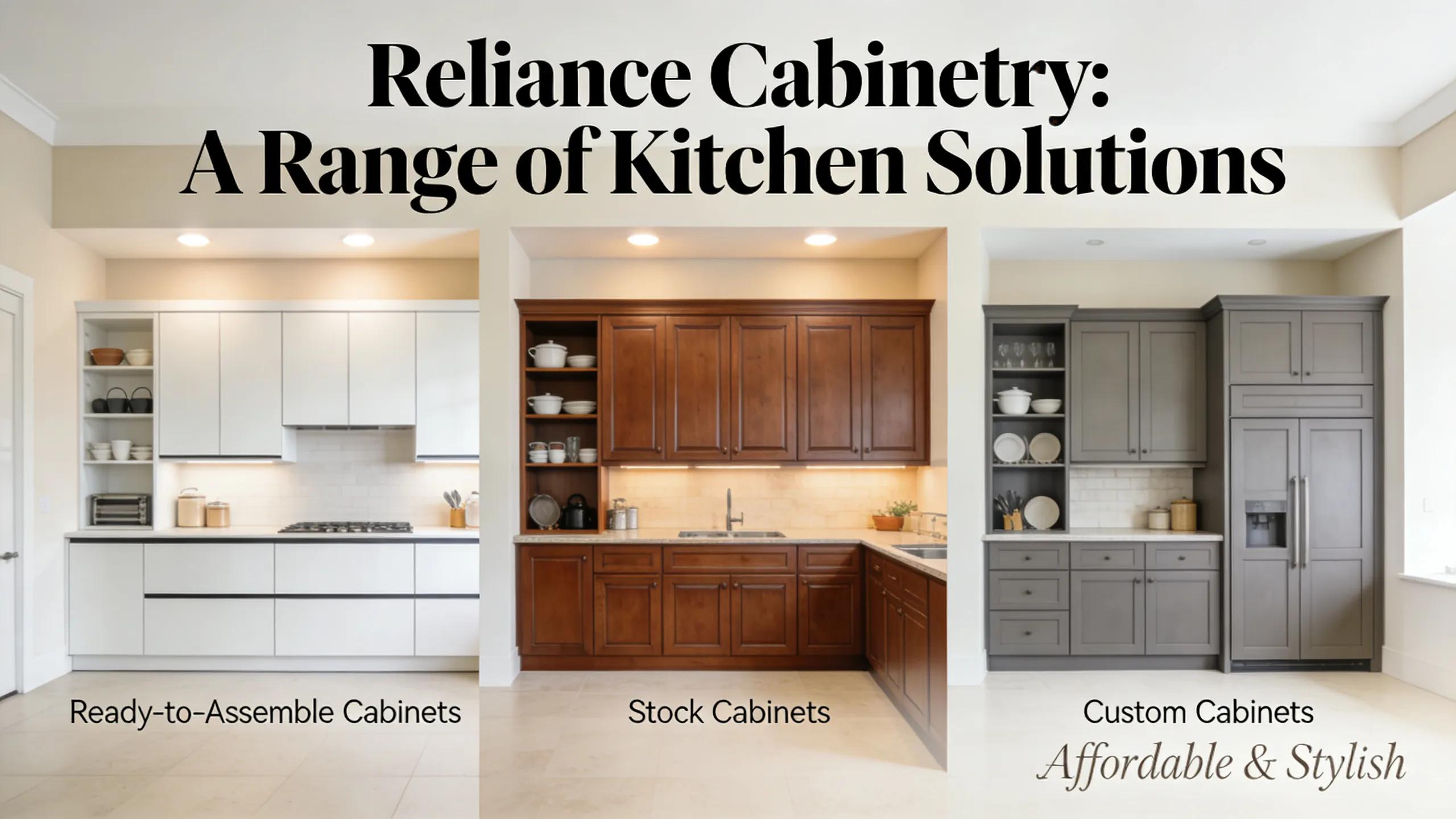 Display of affordable kitchen cabinet options including ready-to-assemble, stock, and custom cabinets