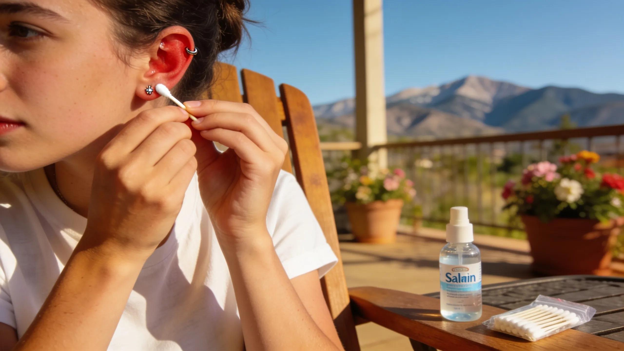 Person with a freshly pierced ear performing aftercare in a sunny Colorado setting