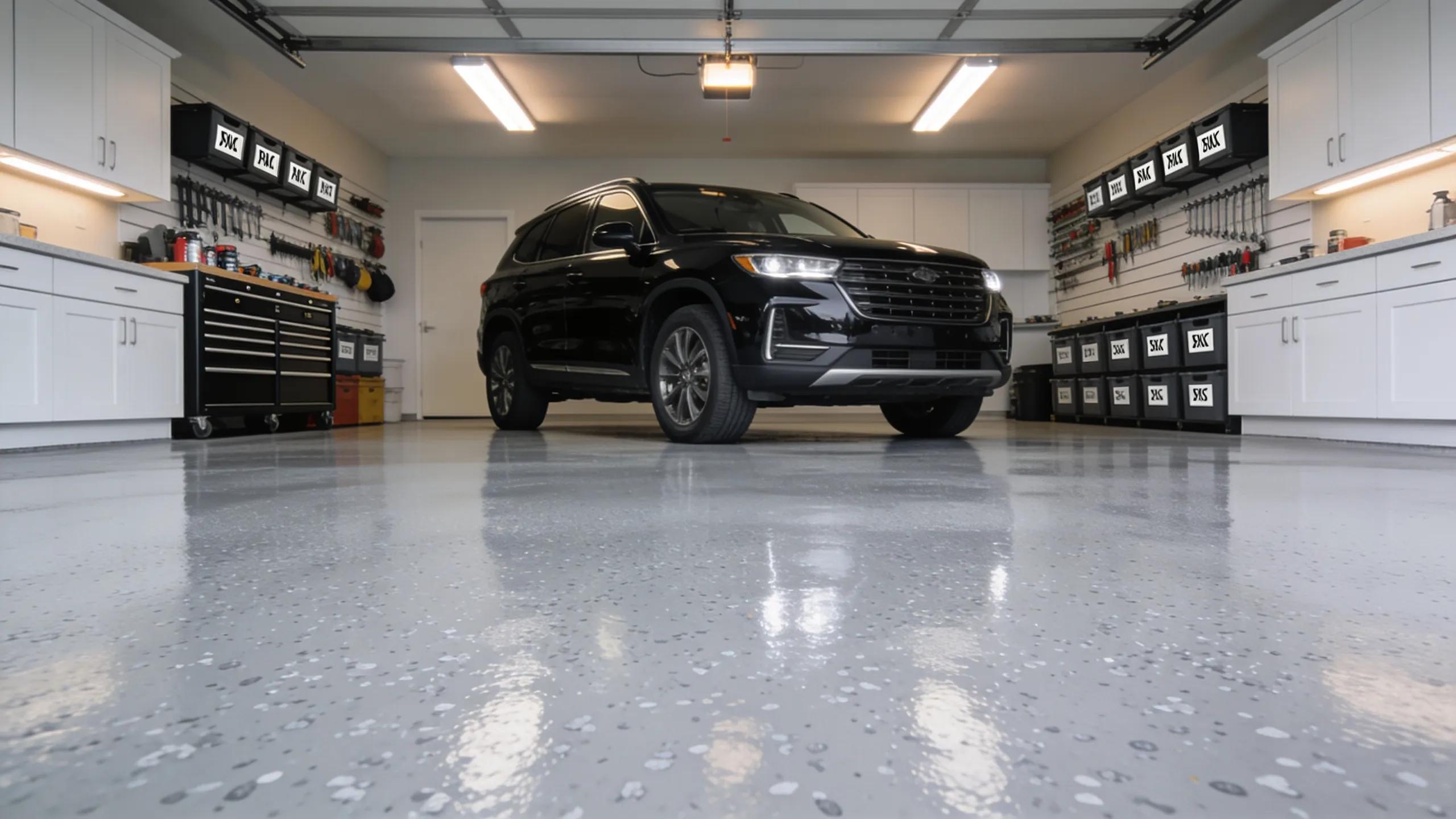 Modern garage featuring a shiny polyaspartic floor coating, illustrating durability and aesthetics for homeowners