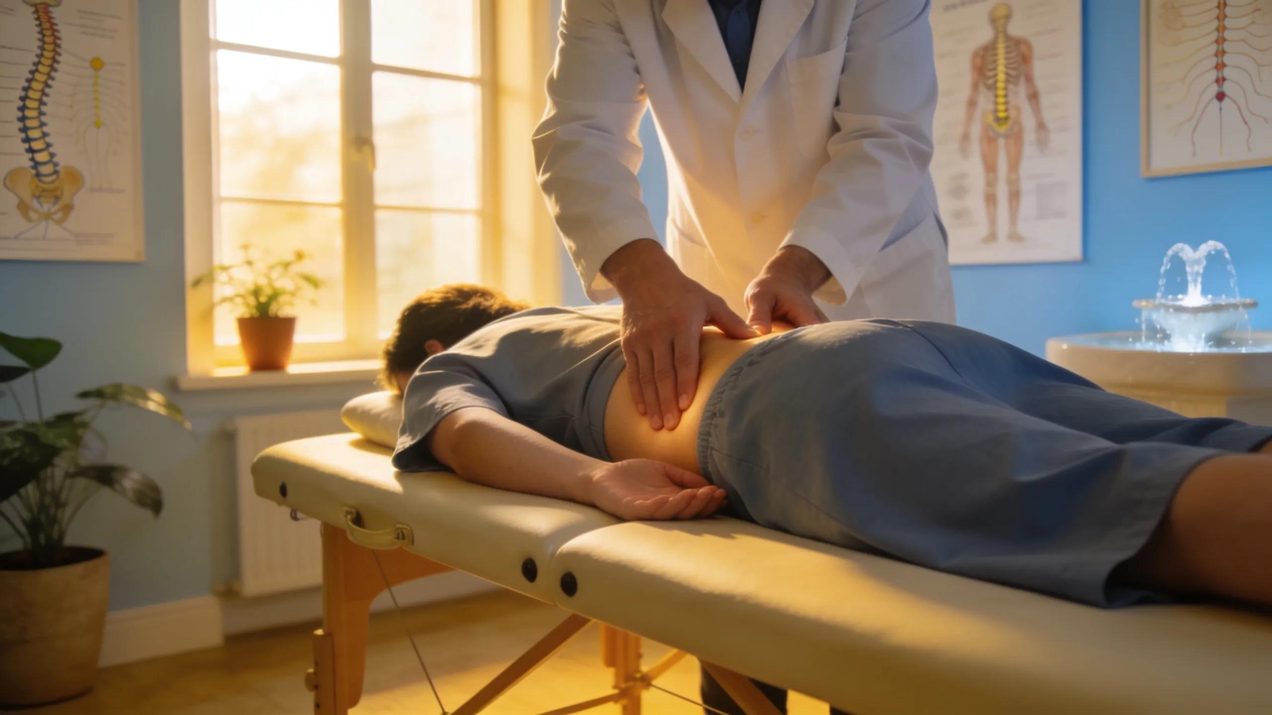 Chiropractor adjusting a patient's back in a welcoming clinic atmosphere