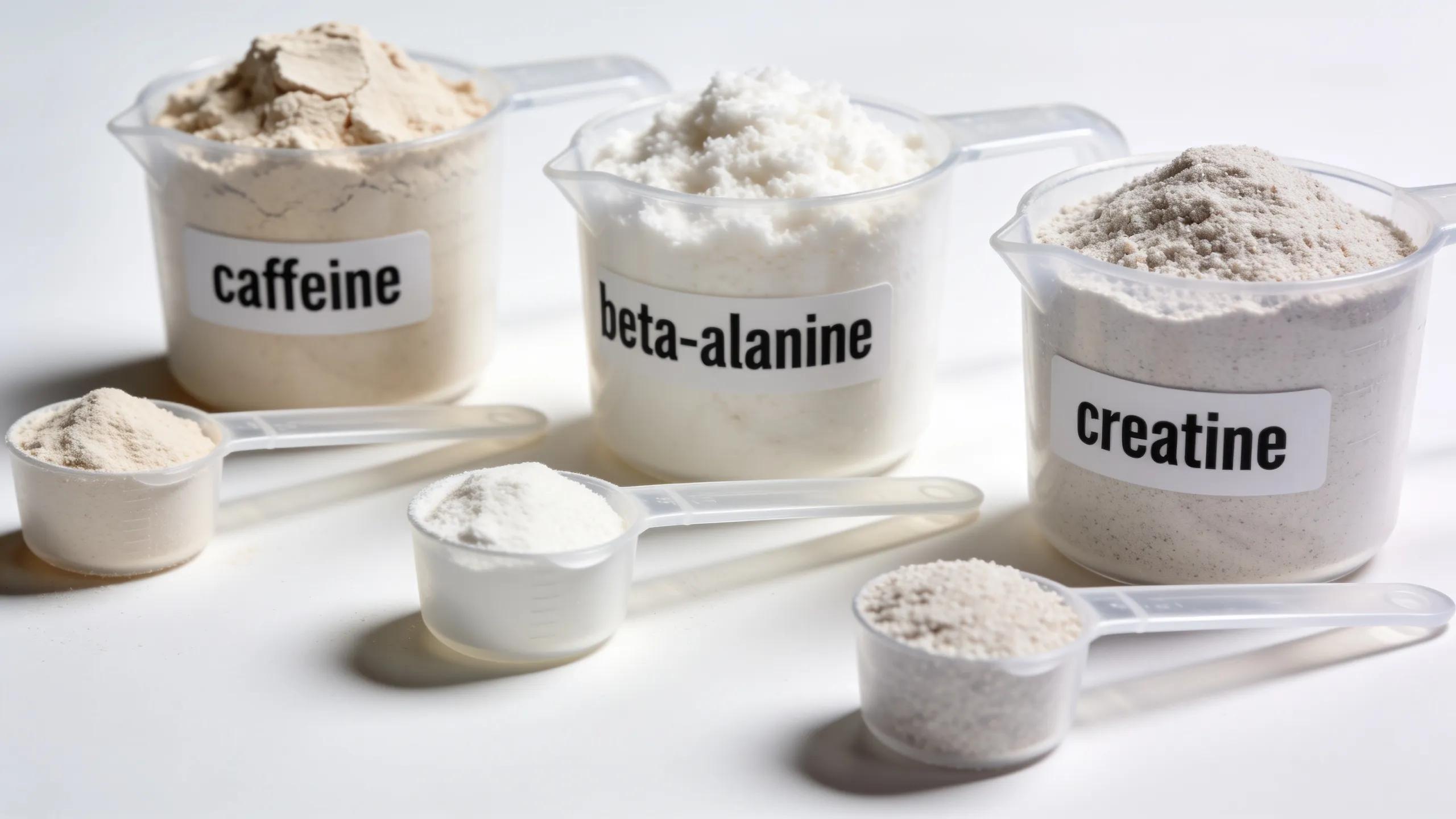 Three scoops of powder labeled caffeine, beta-alanine, and creatine with measuring spoons to show formulation components