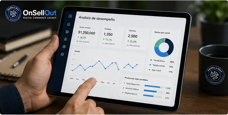Dashboard de comercio unificado con análisis de ventas, clientes e inventario para tomar decisiones basadas en datos