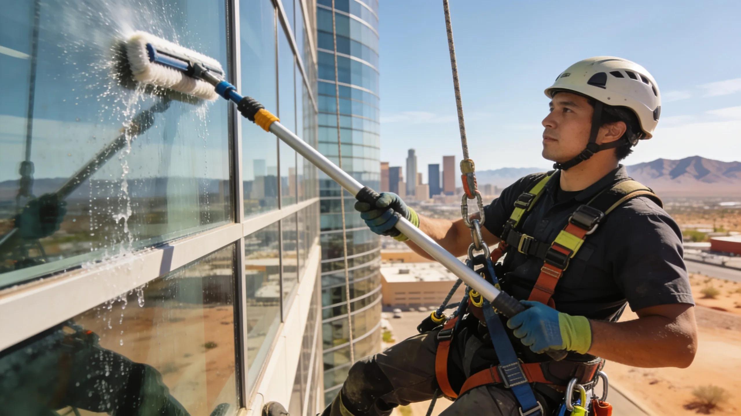 Professional window cleaner using a water-fed pole in Phoenix, emphasizing safety and expertise in window cleaning
