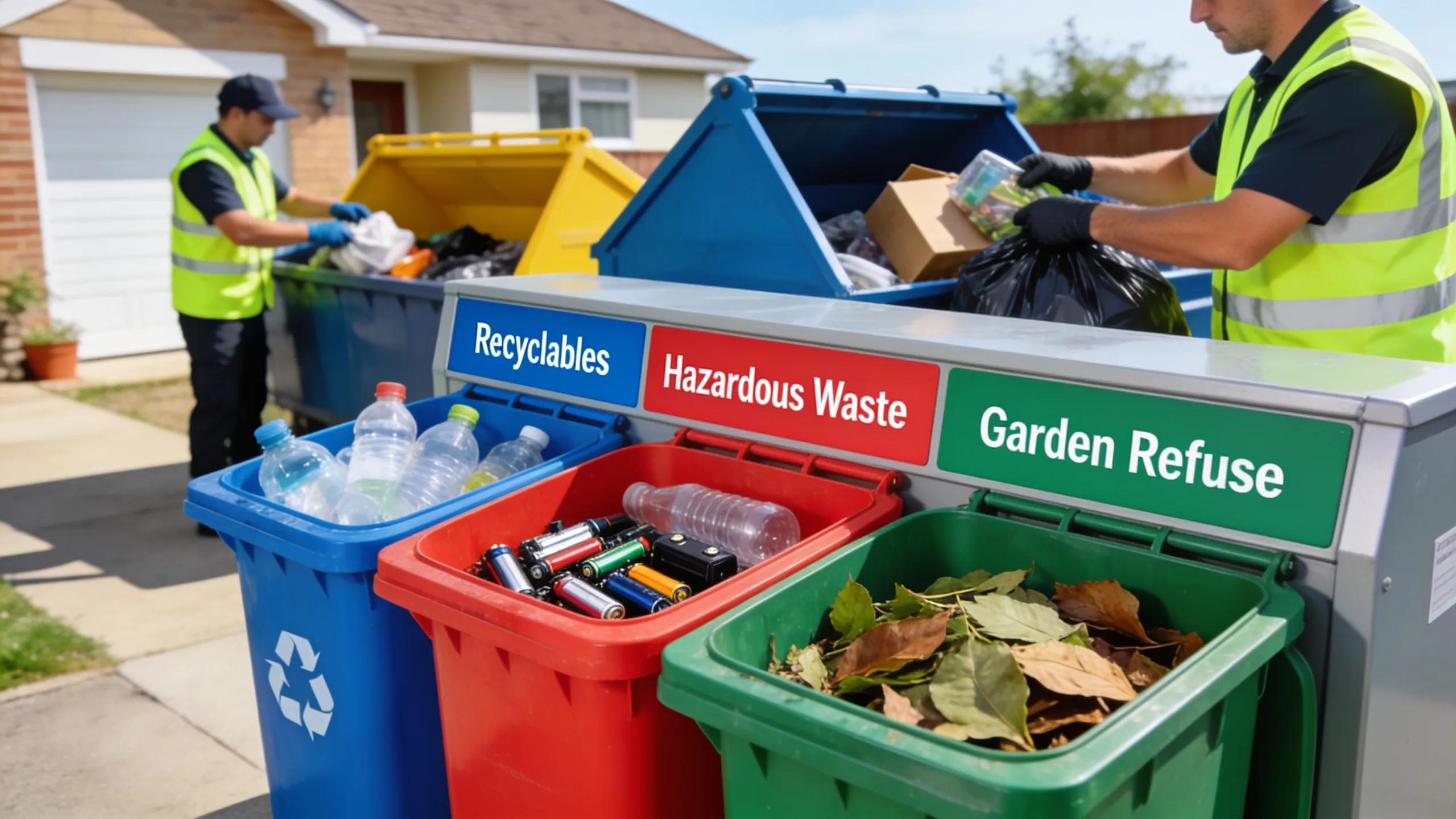 Recycling station with labeled bins for various waste types managed by a house clearance team