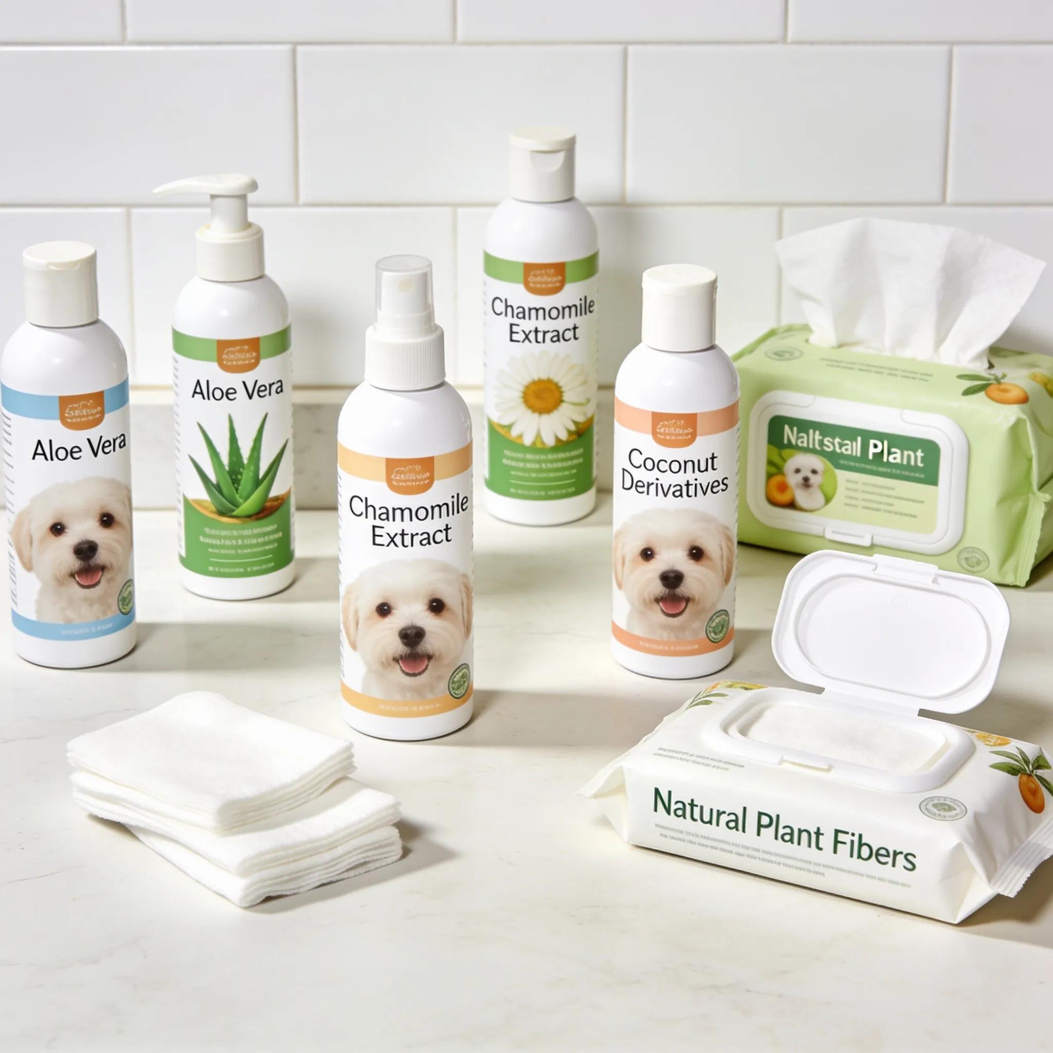 Array of tear stain removal products for Maltese lined up on a countertop