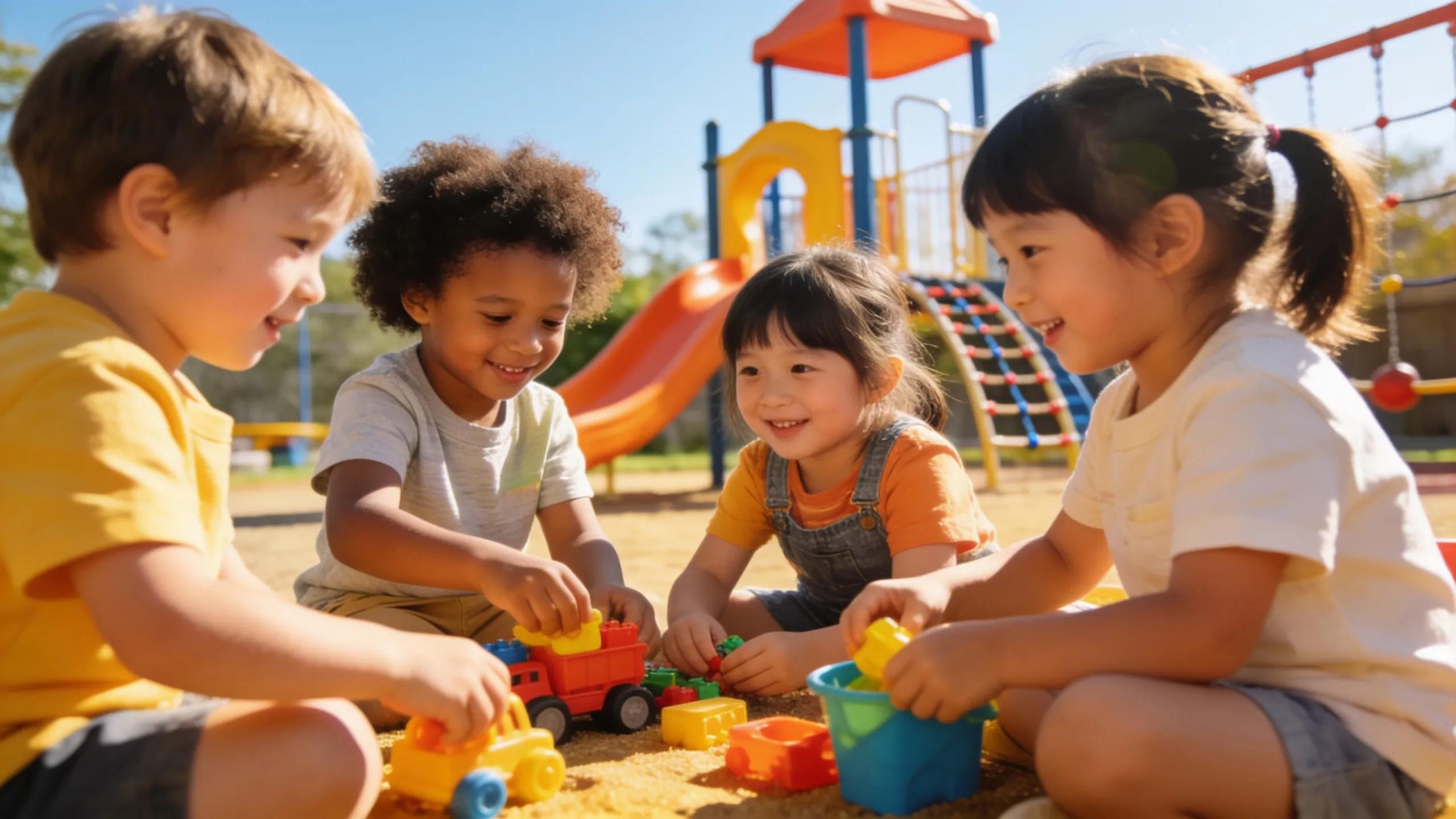Children playing together in a sunny playground, illustrating the social benefits of play-based learning